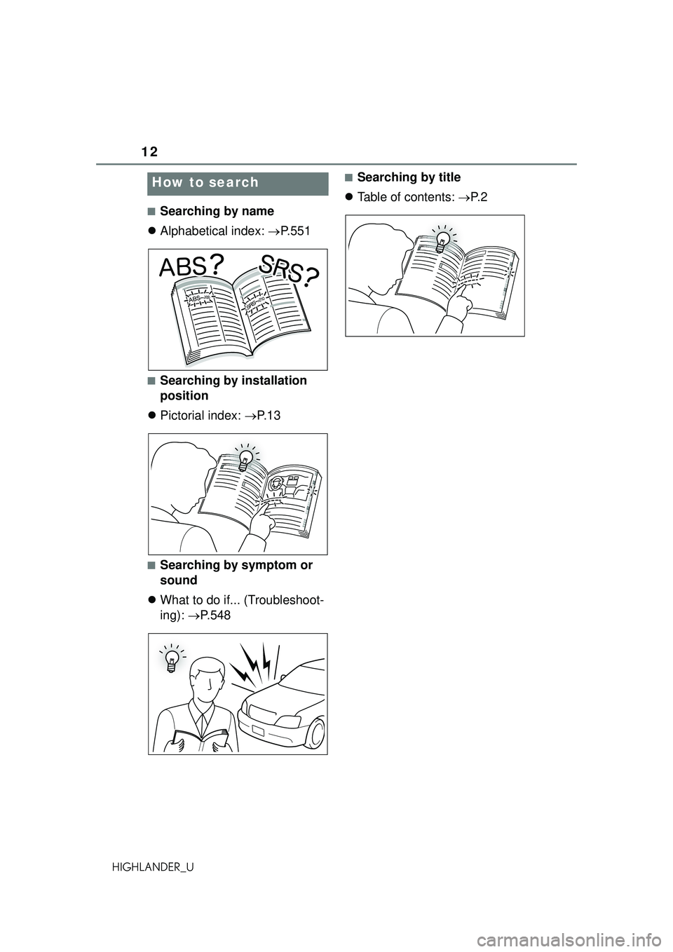 TOYOTA HIGHLANDER 2021 (in English) User Guide 12
HIGHLANDER_U
■Searching by name
Alphabetical index: P.551
■Searching by installation
position
Pictorial index: P. 1 3
■Searching by symptom or
sound
What to do if... (Tr TOYOTA HIGHLANDER 2021 (in English) User Guide 12
HIGHLANDER_U
■Searching by name
Alphabetical index: P.551
■Searching by installation
position
Pictorial index: P. 1 3
■Searching by symptom or
sound
What to do if... (Tr