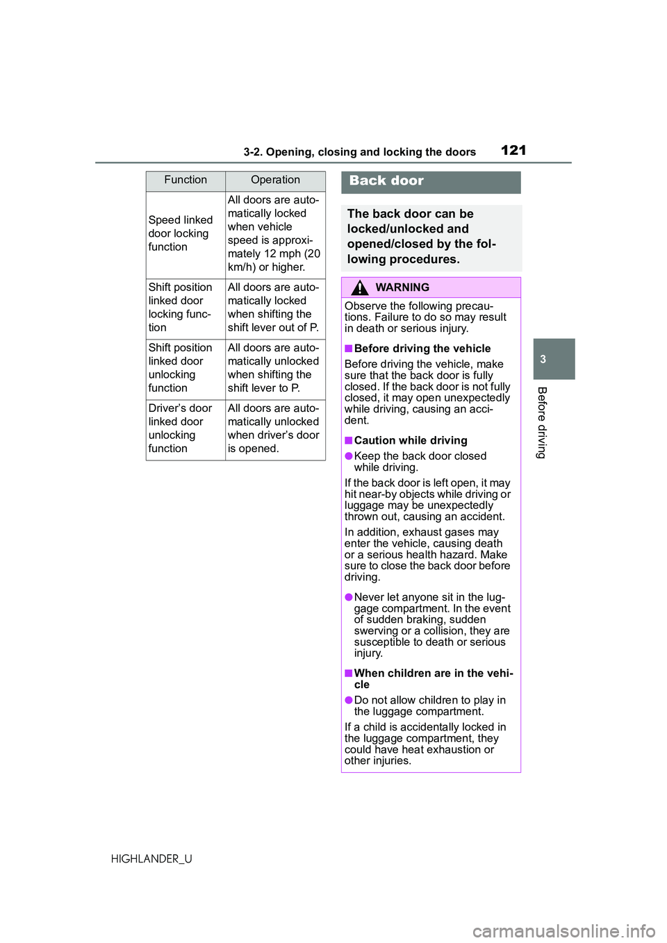 TOYOTA HIGHLANDER 2021 Owners Manual (in English) 1213-2. Opening, closing and locking the doors
3
Before driving
HIGHLANDER_U
FunctionOperation
Speed linked
door locking
function
All doors are auto-
matically locked
when vehicle
speed is approxi TOYOTA HIGHLANDER 2021 Owners Manual (in English) 1213-2. Opening, closing and locking the doors
3
Before driving
HIGHLANDER_U
FunctionOperation
Speed linked
door locking
function
All doors are auto-
matically locked
when vehicle
speed is approxi