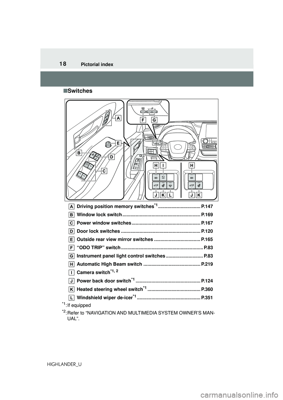 TOYOTA HIGHLANDER 2021 (in English) User Guide 18Pictorial index
HIGHLANDER_U
■Switches
Driving position memory switches*1................................ P.147
Window lock switch .... ................................................ ....... P.1 TOYOTA HIGHLANDER 2021 (in English) User Guide 18Pictorial index
HIGHLANDER_U
■Switches
Driving position memory switches*1................................ P.147
Window lock switch .... ................................................ ....... P.1