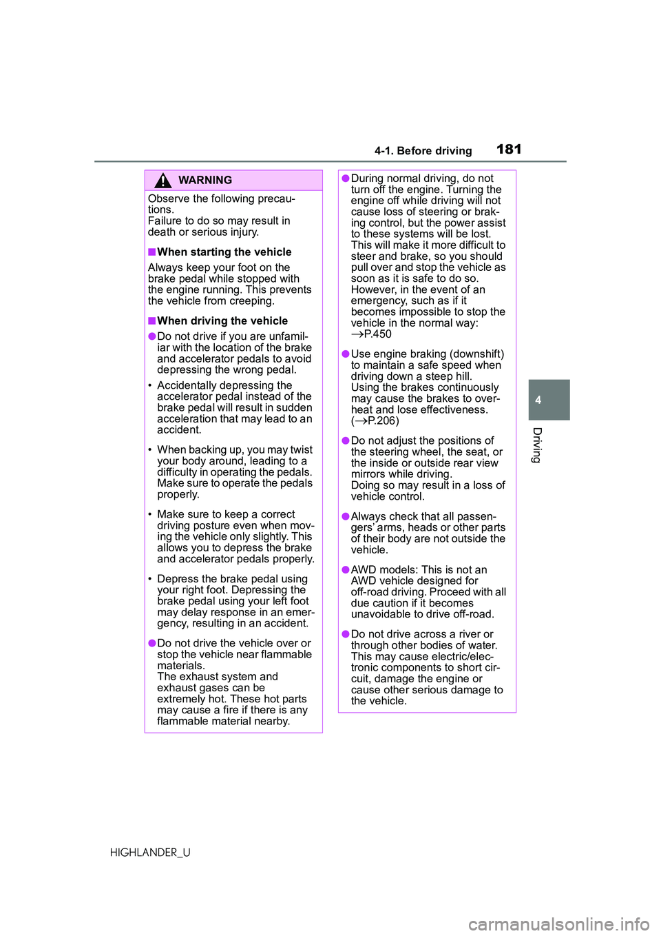 TOYOTA HIGHLANDER 2021 Owners Manual (in English) 1814-1. Before driving
4
Driving
HIGHLANDER_U
WARNING
Observe the following precau-
tions.
Failure to do so may result in
death or serious injury.
■When starting the vehicle
Always keep your foot o TOYOTA HIGHLANDER 2021 Owners Manual (in English) 1814-1. Before driving
4
Driving
HIGHLANDER_U
WARNING
Observe the following precau-
tions.
Failure to do so may result in
death or serious injury.
■When starting the vehicle
Always keep your foot o