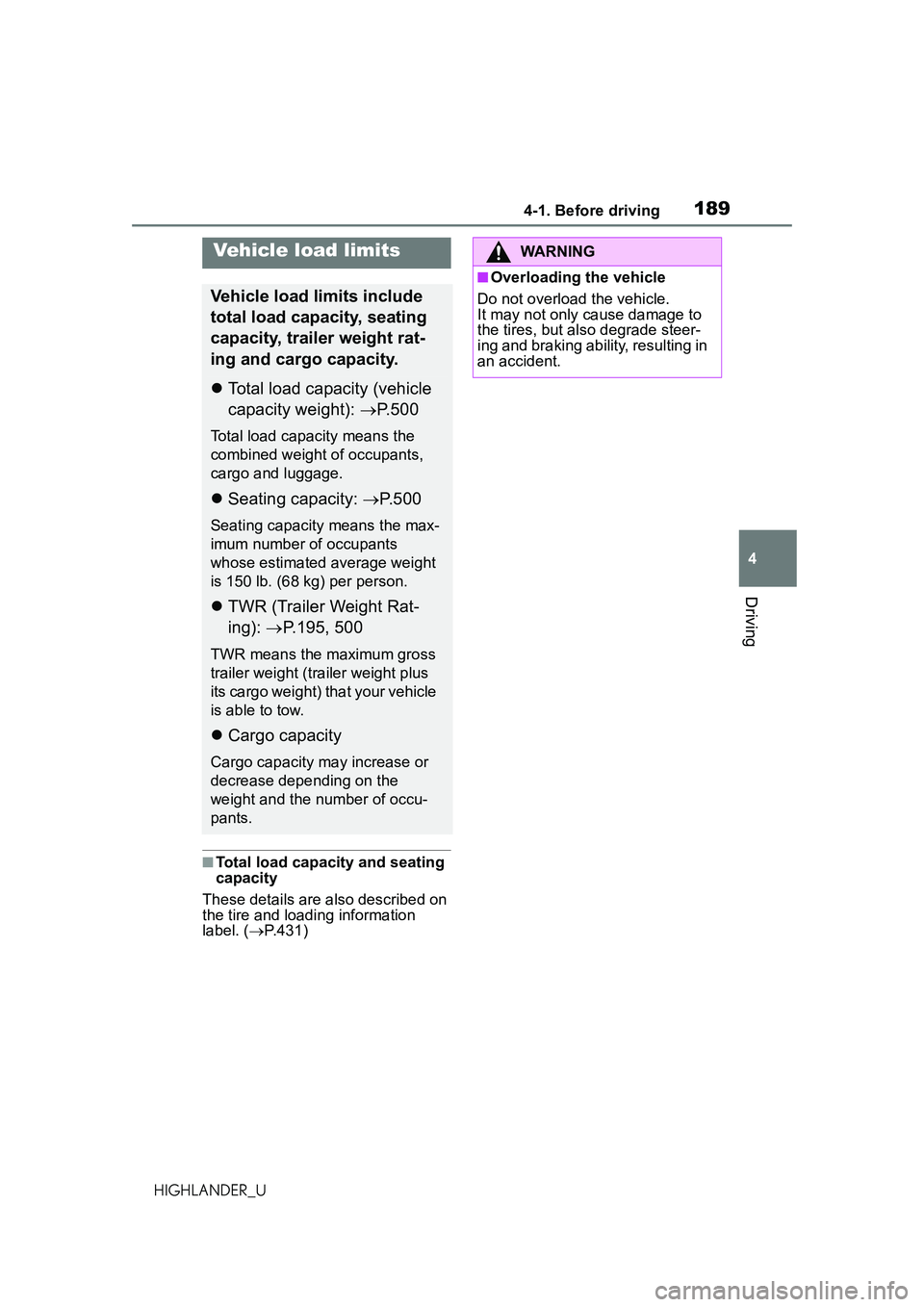 TOYOTA HIGHLANDER 2021 Owners Manual (in English) 1894-1. Before driving
4
Driving
HIGHLANDER_U
■Total load capacity and seating
capacity
These details are also described on
the tire and loading information
label. ( P.431)
Vehicle load limits TOYOTA HIGHLANDER 2021 Owners Manual (in English) 1894-1. Before driving
4
Driving
HIGHLANDER_U
■Total load capacity and seating
capacity
These details are also described on
the tire and loading information
label. ( P.431)
Vehicle load limits