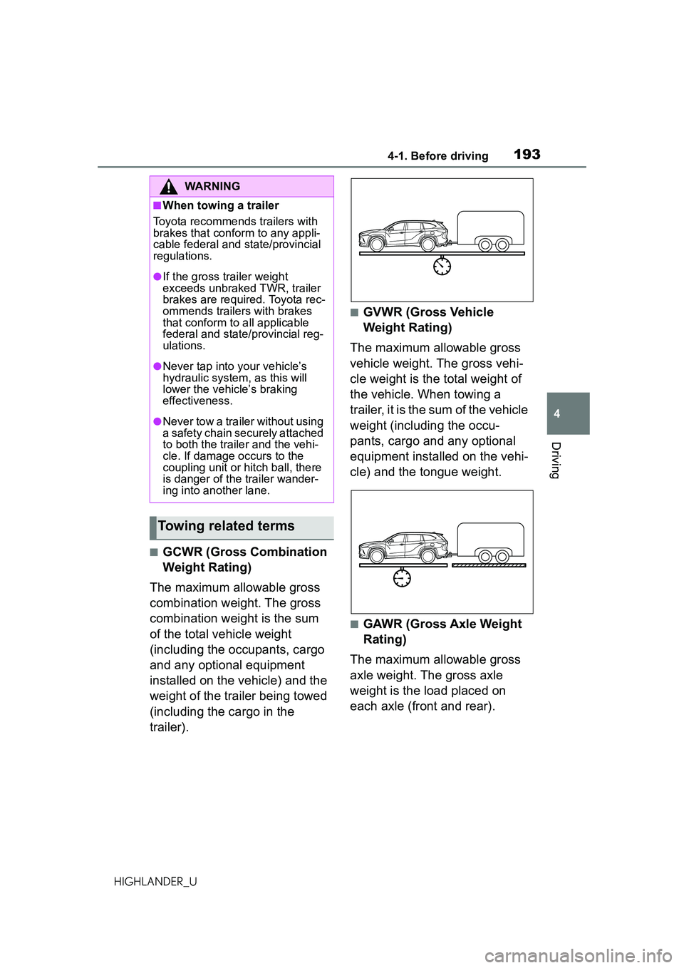 TOYOTA HIGHLANDER 2021 Owners Manual (in English) 1934-1. Before driving
4
Driving
HIGHLANDER_U
■GCWR (Gross Combination
Weight Rating)
The maximum allowable gross
combination weight. The gross
combination weight is the sum
of the total vehicle TOYOTA HIGHLANDER 2021 Owners Manual (in English) 1934-1. Before driving
4
Driving
HIGHLANDER_U
■GCWR (Gross Combination
Weight Rating)
The maximum allowable gross
combination weight. The gross
combination weight is the sum
of the total vehicle