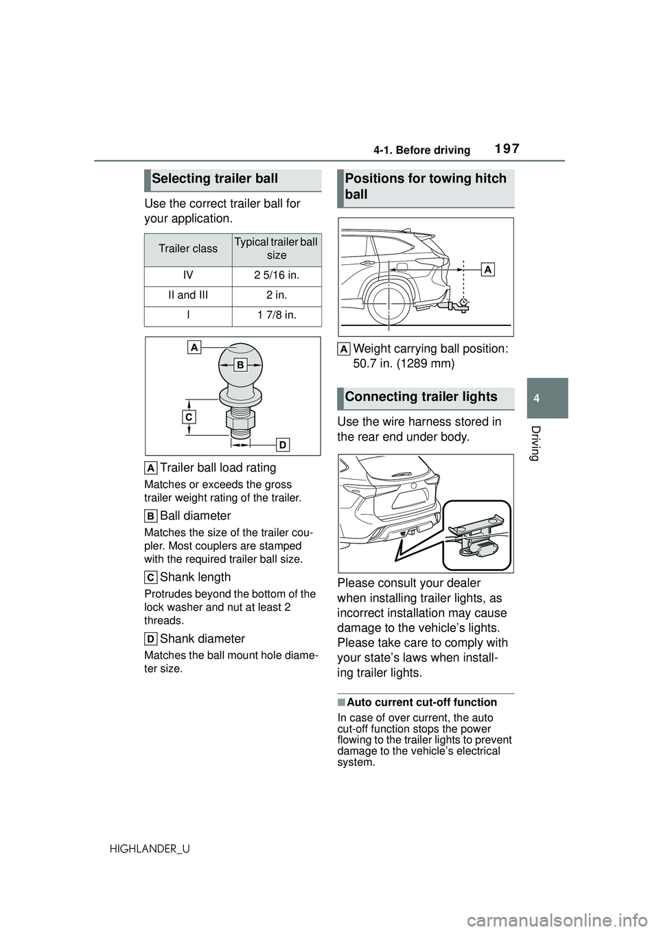 TOYOTA HIGHLANDER 2021 Owners Manual (in English) 1974-1. Before driving
4
Driving
HIGHLANDER_U
Use the correct trailer ball for
your application.Trailer ball load rating
Matches or exceeds the gross
trailer weight rating of the trailer.
Ball diame TOYOTA HIGHLANDER 2021 Owners Manual (in English) 1974-1. Before driving
4
Driving
HIGHLANDER_U
Use the correct trailer ball for
your application.Trailer ball load rating
Matches or exceeds the gross
trailer weight rating of the trailer.
Ball diame