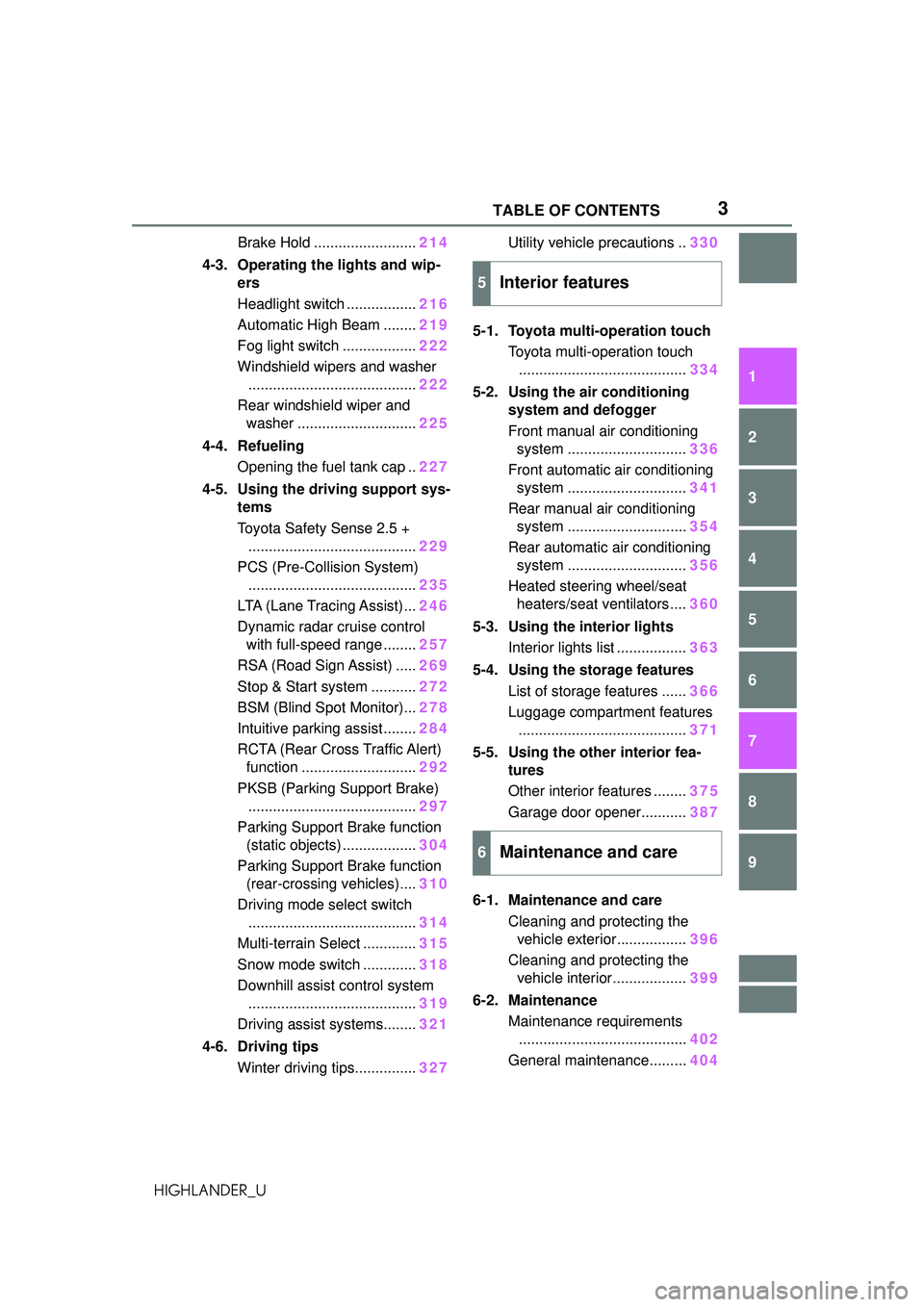 TOYOTA HIGHLANDER 2021  Owners Manual (in English) 3TABLE OF CONTENTS
1
2
3
4
5
6
7
8
9
10
HIGHLANDER_U
Brake Hold ......................... 214
4-3. Operating the lights and wip- ers
Headlight switch ................. 216
Automatic High Beam ........