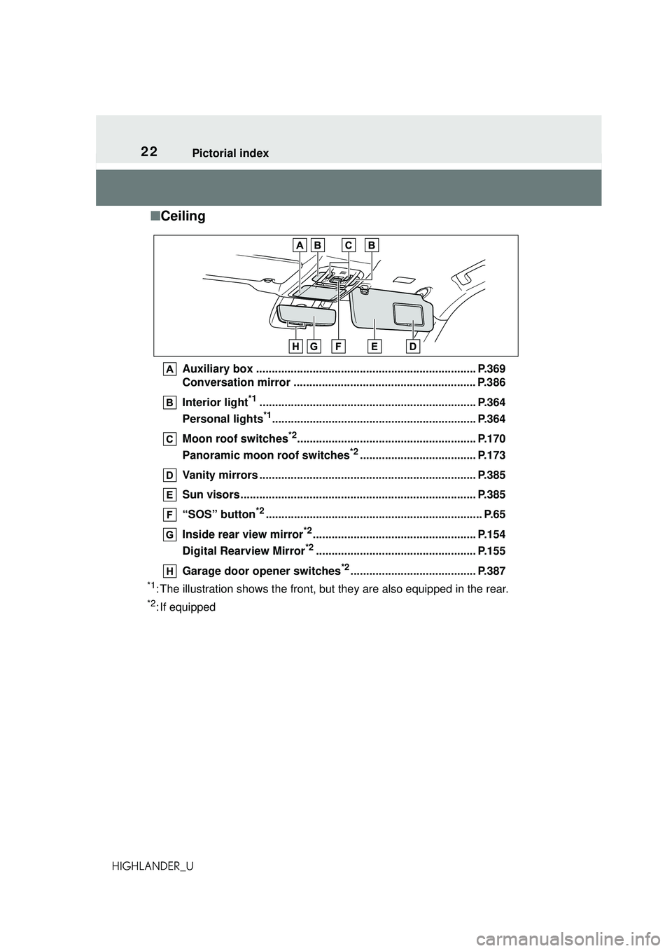 TOYOTA HIGHLANDER 2021  Owners Manual (in English) 22Pictorial index
HIGHLANDER_U
■Ceiling
Auxiliary box ...................................................................... P.369
Conversation mirror ...............................................