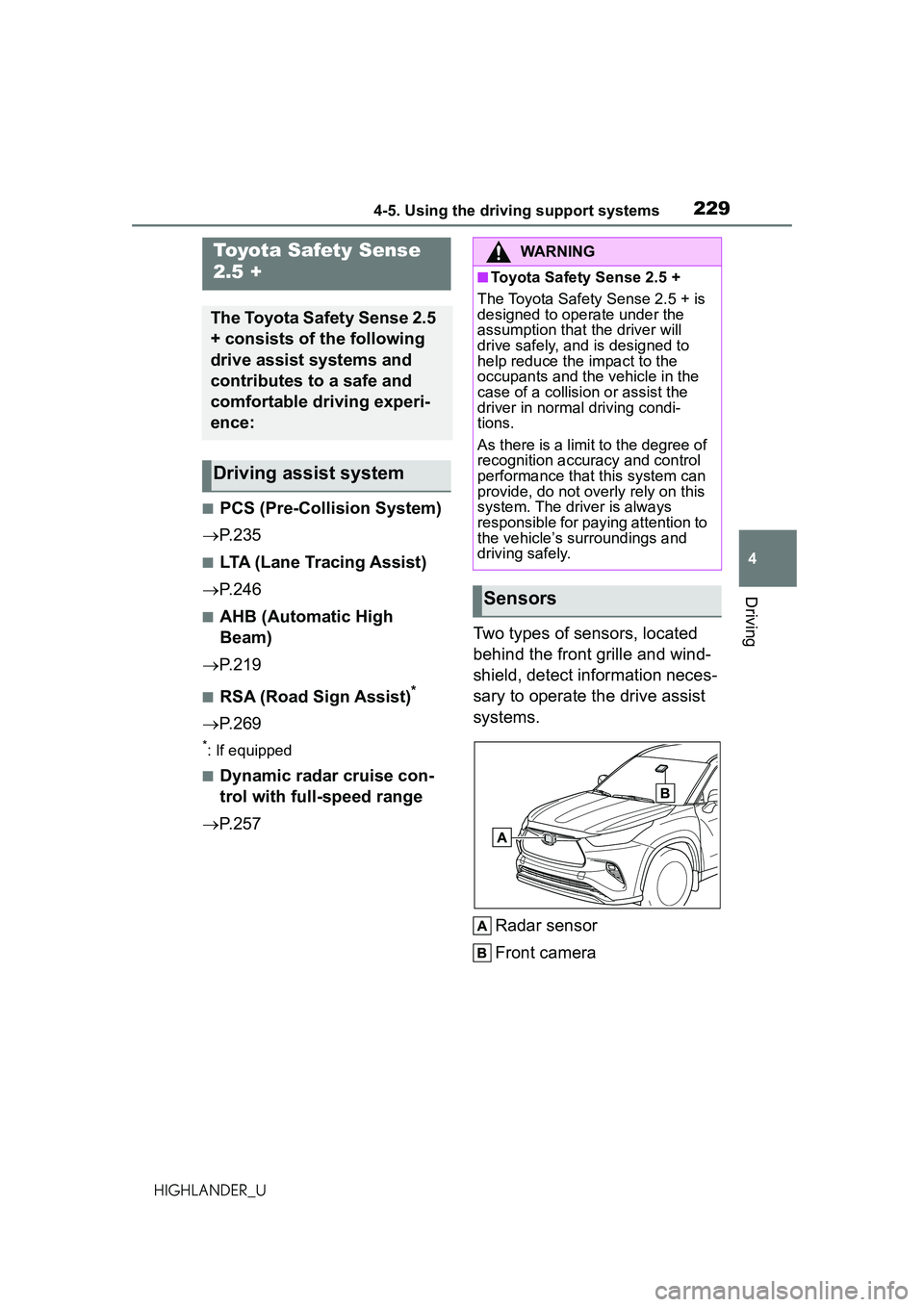 TOYOTA HIGHLANDER 2021 Owners Manual (in English) 2294-5. Using the driving support systems
4
Driving
HIGHLANDER_U
4-5.Using the driving support systems
■PCS (Pre-Collision System)
P.235
■LTA (Lane Tracing Assist)
P.246
■AHB (Automatic TOYOTA HIGHLANDER 2021 Owners Manual (in English) 2294-5. Using the driving support systems
4
Driving
HIGHLANDER_U
4-5.Using the driving support systems
■PCS (Pre-Collision System)
P.235
■LTA (Lane Tracing Assist)
P.246
■AHB (Automatic