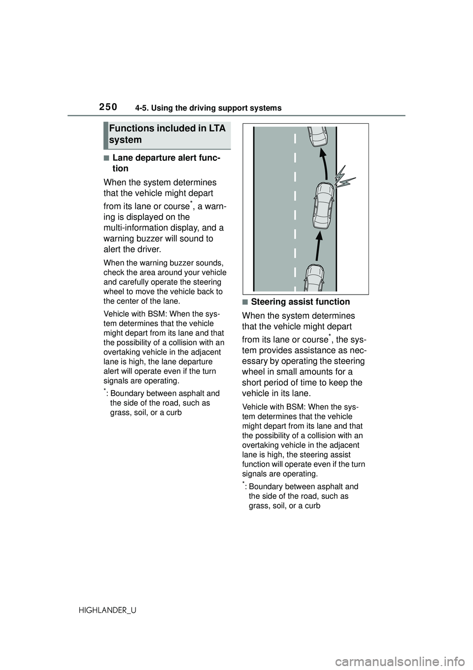 TOYOTA HIGHLANDER 2021 Owners Manual (in English) 2504-5. Using the driving support systems
HIGHLANDER_U
■Lane departure alert func-
tion
When the system determines
that the vehicle might depart
from its lane or course
*, a warn-
ing is displayed TOYOTA HIGHLANDER 2021 Owners Manual (in English) 2504-5. Using the driving support systems
HIGHLANDER_U
■Lane departure alert func-
tion
When the system determines
that the vehicle might depart
from its lane or course
*, a warn-
ing is displayed