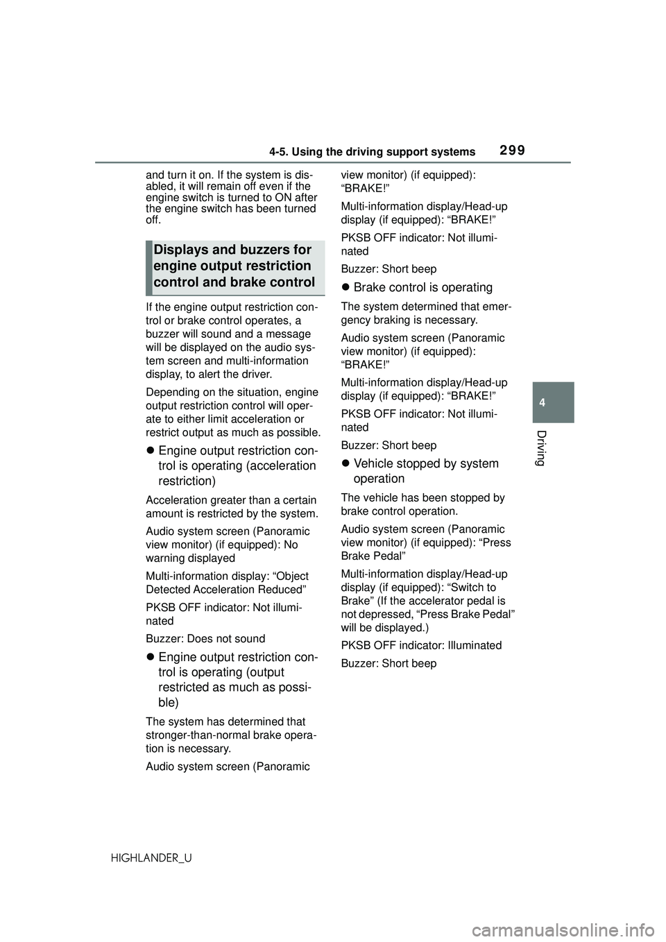 TOYOTA HIGHLANDER 2021 Owners Manual (in English) 2994-5. Using the driving support systems
4
Driving
HIGHLANDER_Uand turn it on. If the system is dis-
abled, it will remain off even if the
engine switch is turned to ON after
the engine switch has TOYOTA HIGHLANDER 2021 Owners Manual (in English) 2994-5. Using the driving support systems
4
Driving
HIGHLANDER_Uand turn it on. If the system is dis-
abled, it will remain off even if the
engine switch is turned to ON after
the engine switch has
