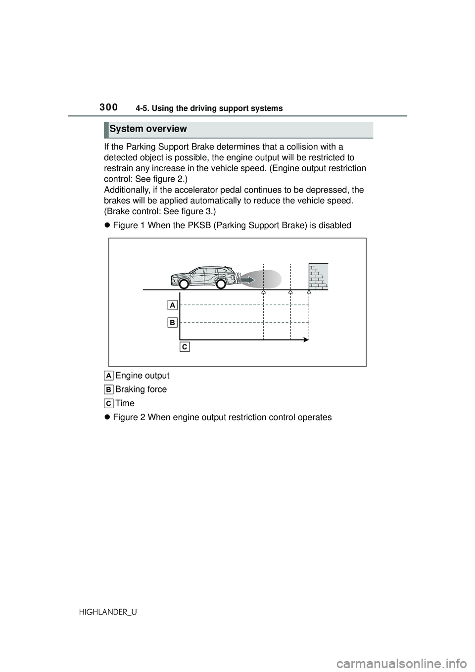 TOYOTA HIGHLANDER 2021 Owners Manual (in English) 3004-5. Using the driving support systems
HIGHLANDER_U
If the Parking Support Brake determines that a collision with a
detected object is possible, the engine output will be restricted to
restrain a TOYOTA HIGHLANDER 2021 Owners Manual (in English) 3004-5. Using the driving support systems
HIGHLANDER_U
If the Parking Support Brake determines that a collision with a
detected object is possible, the engine output will be restricted to
restrain a