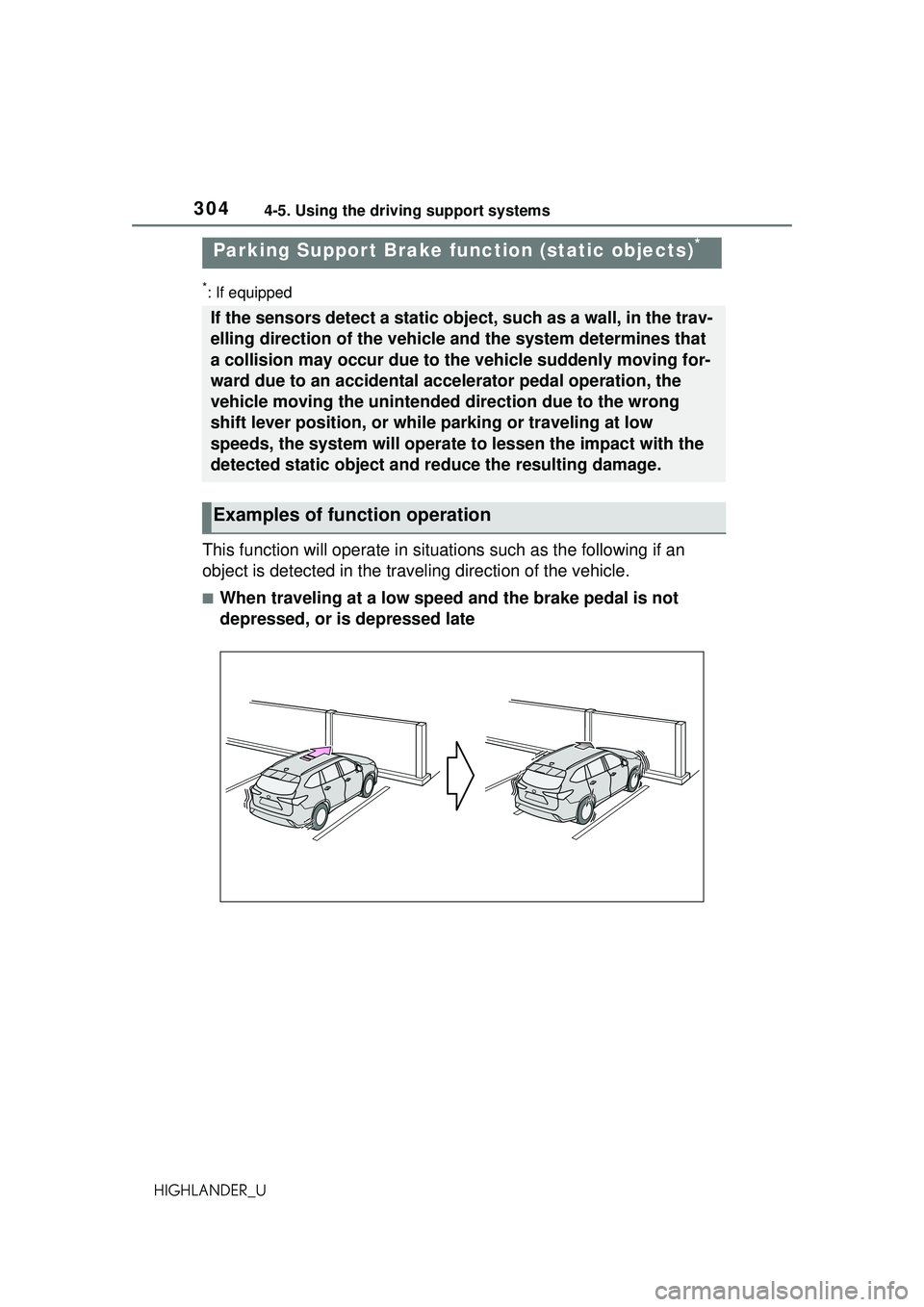 TOYOTA HIGHLANDER 2021 Owners Manual (in English) 3044-5. Using the driving support systems
HIGHLANDER_U
*: If equipped
This function will operate in situations such as the following if an
object is detected in the traveling direction of the vehicle TOYOTA HIGHLANDER 2021 Owners Manual (in English) 3044-5. Using the driving support systems
HIGHLANDER_U
*: If equipped
This function will operate in situations such as the following if an
object is detected in the traveling direction of the vehicle