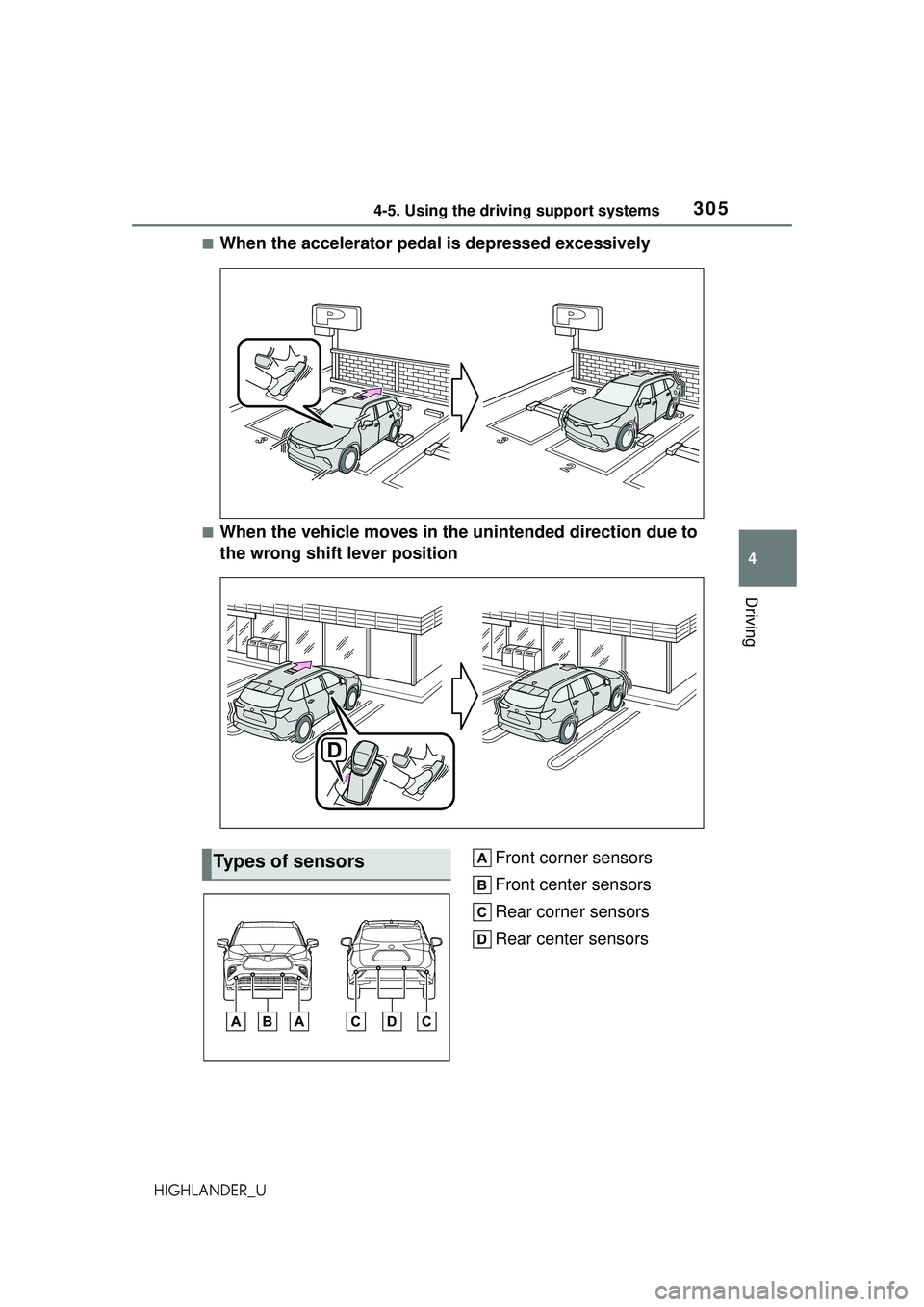 TOYOTA HIGHLANDER 2021 Owners Manual (in English) 3054-5. Using the driving support systems
4
Driving
HIGHLANDER_U
■When the accelerator pedal is depressed excessively
■When the vehicle moves in the unintended direction due to
the wrong shift le TOYOTA HIGHLANDER 2021 Owners Manual (in English) 3054-5. Using the driving support systems
4
Driving
HIGHLANDER_U
■When the accelerator pedal is depressed excessively
■When the vehicle moves in the unintended direction due to
the wrong shift le