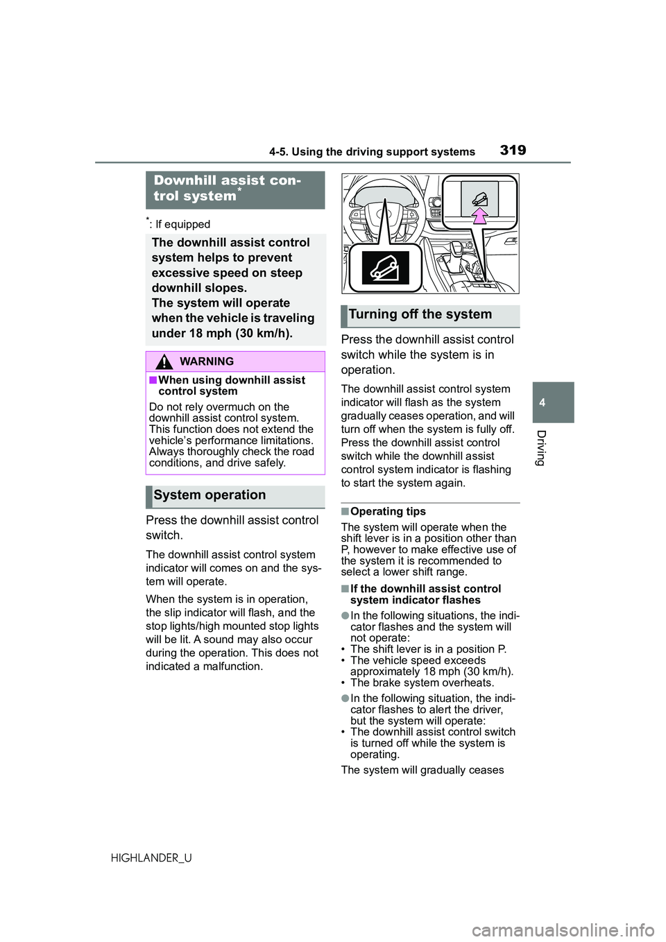 TOYOTA HIGHLANDER 2021 Owners Manual (in English) 3194-5. Using the driving support systems
4
Driving
HIGHLANDER_U
*: If equipped
Press the downhill assist control
switch.
The downhill assist control system
indicator will comes on and the sys-
tem TOYOTA HIGHLANDER 2021 Owners Manual (in English) 3194-5. Using the driving support systems
4
Driving
HIGHLANDER_U
*: If equipped
Press the downhill assist control
switch.
The downhill assist control system
indicator will comes on and the sys-
tem