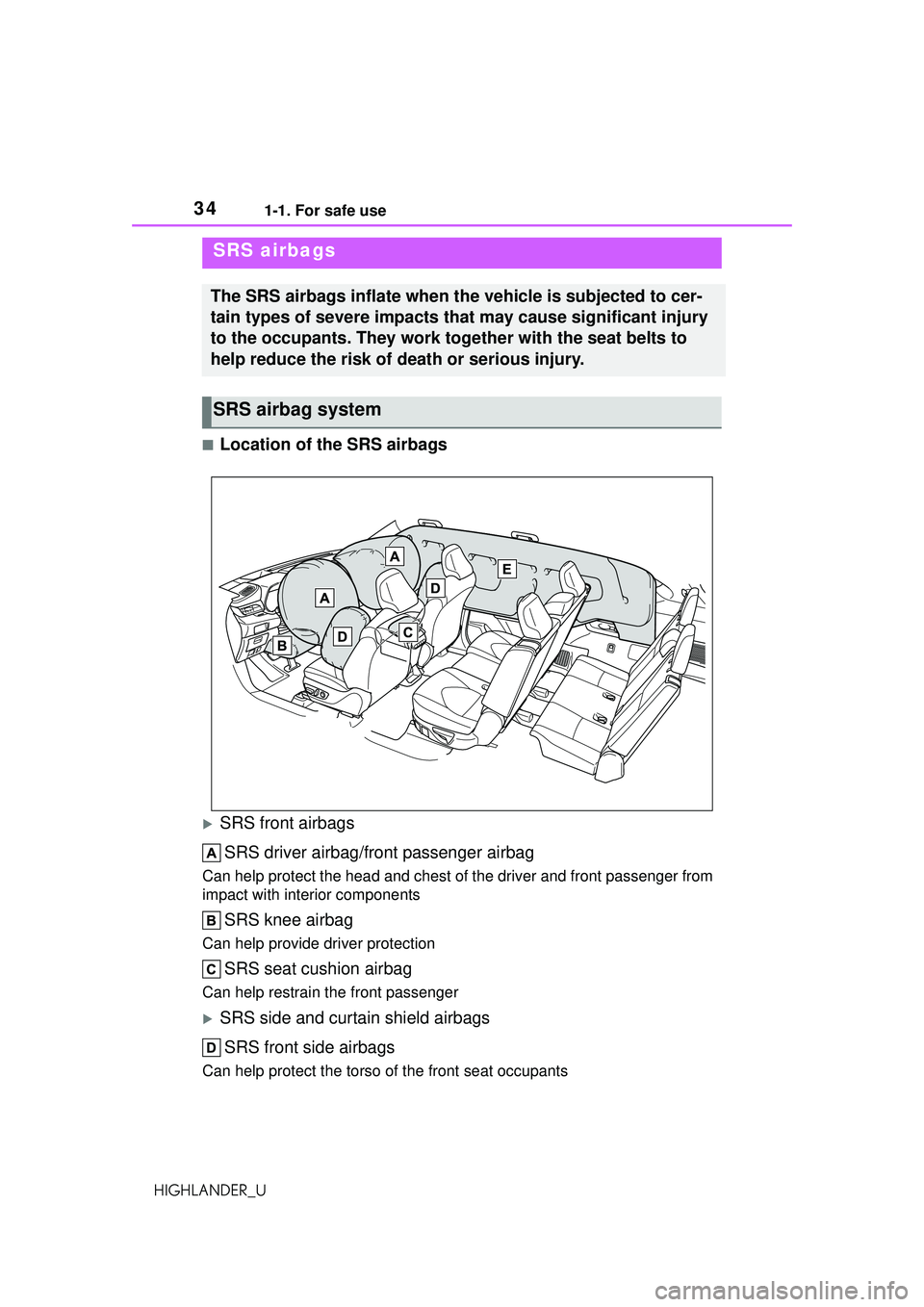 TOYOTA HIGHLANDER 2021 (in English) Owners Guide 341-1. For safe use
HIGHLANDER_U
■Location of the SRS airbags
SRS front airbagsSRS driver airbag/front passenger airbag
Can help protect the head and chest of the driver and front passenger from TOYOTA HIGHLANDER 2021 (in English) Owners Guide 341-1. For safe use
HIGHLANDER_U
■Location of the SRS airbags
SRS front airbagsSRS driver airbag/front passenger airbag
Can help protect the head and chest of the driver and front passenger from