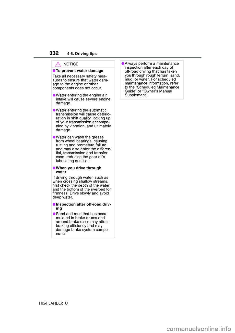 TOYOTA HIGHLANDER 2021 Owners Manual (in English) 3324-6. Driving tips
HIGHLANDER_U
NOTICE
■To prevent water damage
Take all necessary safety mea-
sures to ensure that water dam-
age to the engine or other
components does not occur.
●Water enter TOYOTA HIGHLANDER 2021 Owners Manual (in English) 3324-6. Driving tips
HIGHLANDER_U
NOTICE
■To prevent water damage
Take all necessary safety mea-
sures to ensure that water dam-
age to the engine or other
components does not occur.
●Water enter