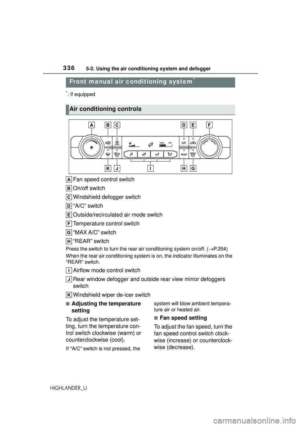 TOYOTA HIGHLANDER 2021 Owners Manual (in English) 3365-2. Using the air conditioning system and defogger
HIGHLANDER_U
5-2.Using the air conditioning system and defogger
*: If equipped
Fan speed control switch
On/off switch
Windshield defogger switch
TOYOTA HIGHLANDER 2021 Owners Manual (in English) 3365-2. Using the air conditioning system and defogger
HIGHLANDER_U
5-2.Using the air conditioning system and defogger
*: If equipped
Fan speed control switch
On/off switch
Windshield defogger switch