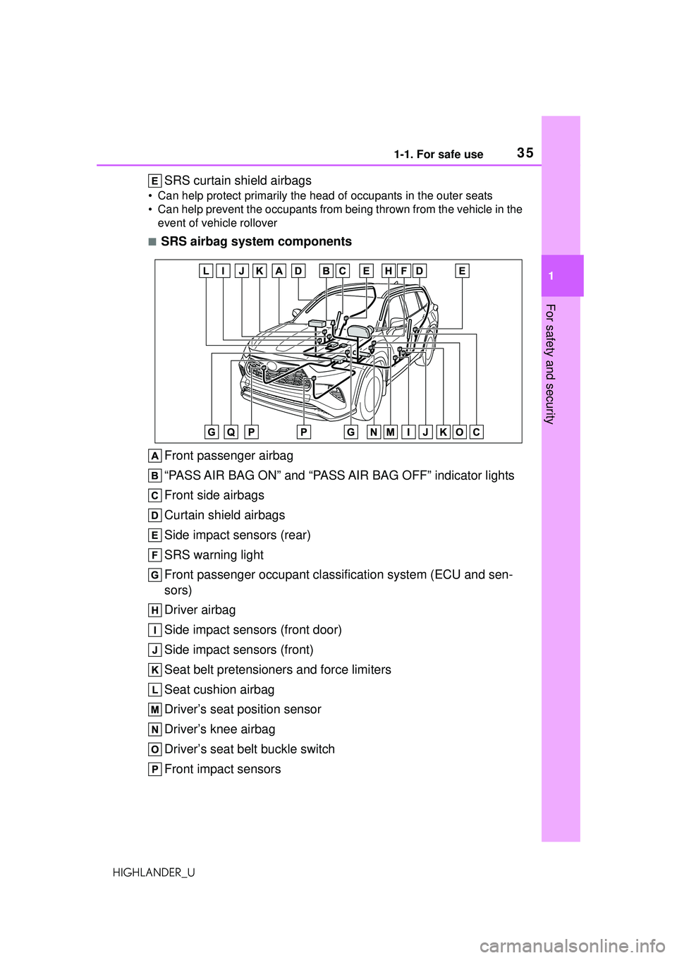 TOYOTA HIGHLANDER 2021 Owners Manual (in English) 351-1. For safe use
1
For safety and security
HIGHLANDER_U
SRS curtain shield airbags
• Can help protect primarily the head of occupants in the outer seats
• Can help prevent the occupants from be TOYOTA HIGHLANDER 2021 Owners Manual (in English) 351-1. For safe use
1
For safety and security
HIGHLANDER_U
SRS curtain shield airbags
• Can help protect primarily the head of occupants in the outer seats
• Can help prevent the occupants from be