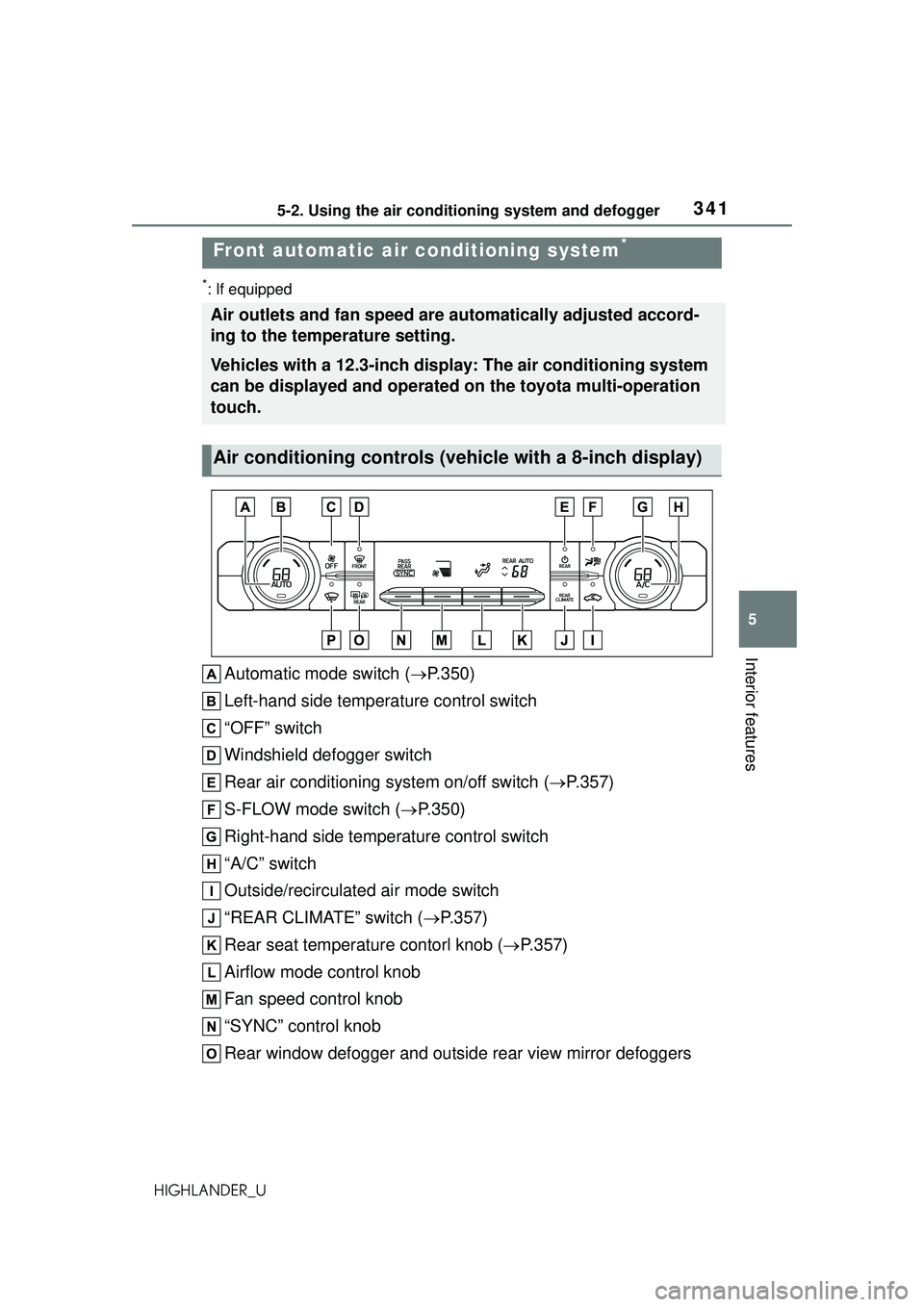 TOYOTA HIGHLANDER 2021 Owners Manual (in English) 3415-2. Using the air conditioning system and defogger
5
Interior features
HIGHLANDER_U
*: If equipped
Automatic mode switch (P.350)
Left-hand side temperature control switch
“OFF” switch
Winds TOYOTA HIGHLANDER 2021 Owners Manual (in English) 3415-2. Using the air conditioning system and defogger
5
Interior features
HIGHLANDER_U
*: If equipped
Automatic mode switch (P.350)
Left-hand side temperature control switch
“OFF” switch
Winds