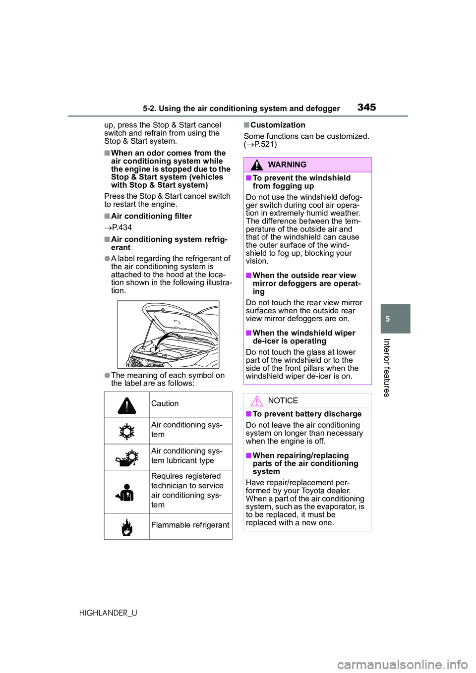 TOYOTA HIGHLANDER 2021 Owners Manual (in English) 3455-2. Using the air conditioning system and defogger
5
Interior features
HIGHLANDER_Uup, press the Stop & Start cancel
switch and refrain from using the
Stop & Start system.
■When an odor comes TOYOTA HIGHLANDER 2021 Owners Manual (in English) 3455-2. Using the air conditioning system and defogger
5
Interior features
HIGHLANDER_Uup, press the Stop & Start cancel
switch and refrain from using the
Stop & Start system.
■When an odor comes