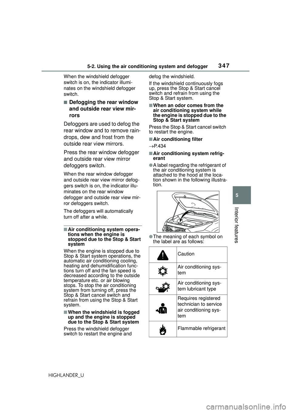 TOYOTA HIGHLANDER 2021 Owners Manual (in English) 3475-2. Using the air conditioning system and defogger
5
Interior features
HIGHLANDER_UWhen the windshield defogger
switch is on, the indicator illumi-
nates on the windshield defogger
switch.
■De TOYOTA HIGHLANDER 2021 Owners Manual (in English) 3475-2. Using the air conditioning system and defogger
5
Interior features
HIGHLANDER_UWhen the windshield defogger
switch is on, the indicator illumi-
nates on the windshield defogger
switch.
■De