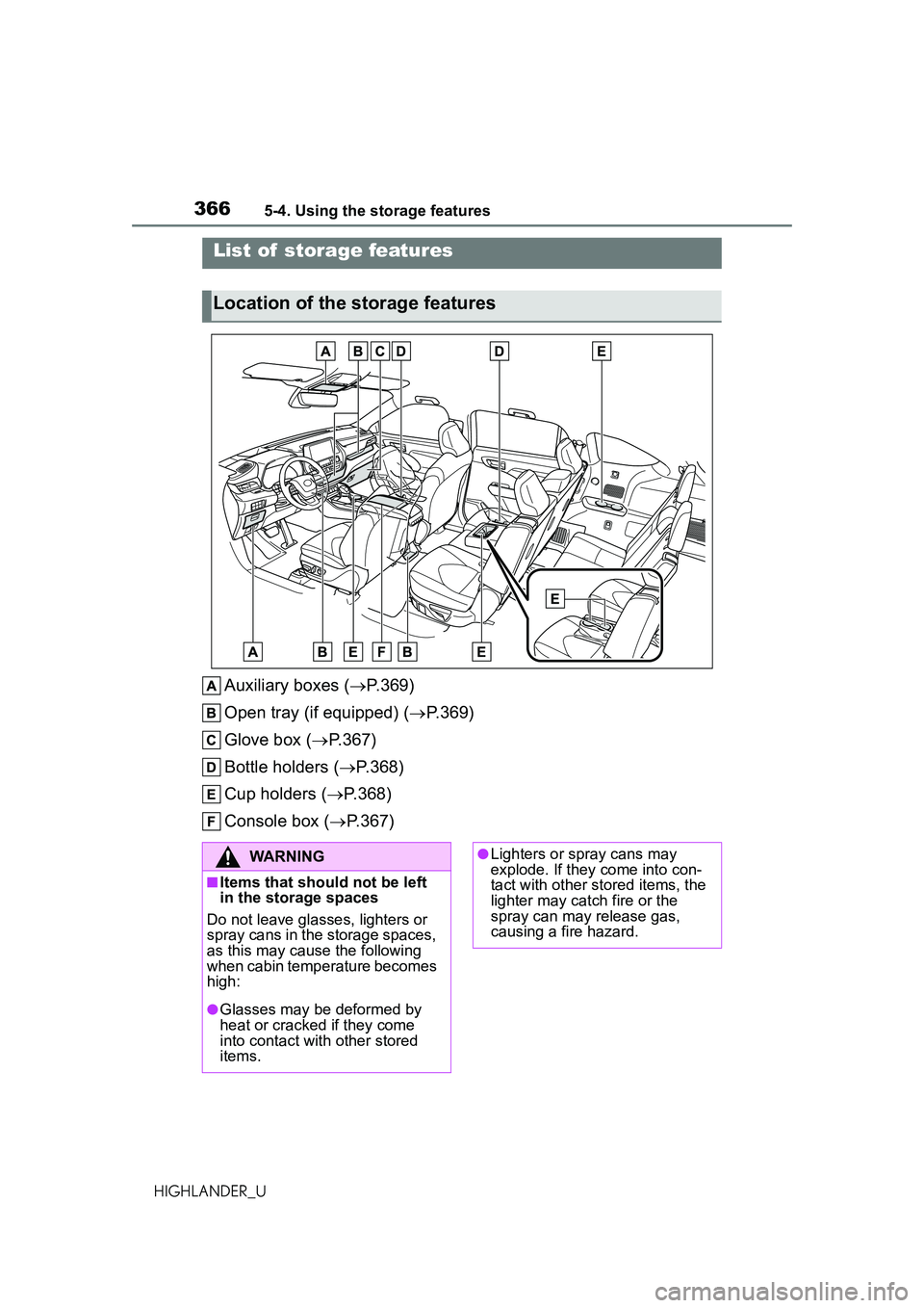 TOYOTA HIGHLANDER 2021 Owners Manual (in English) 3665-4. Using the storage features
HIGHLANDER_U
5-4.Using the storage features
Auxiliary boxes (P.369)
Open tray (if equipped) ( P.369)
Glove box ( P.367)
Bottle holders ( P.368)
Cup holde TOYOTA HIGHLANDER 2021 Owners Manual (in English) 3665-4. Using the storage features
HIGHLANDER_U
5-4.Using the storage features
Auxiliary boxes (P.369)
Open tray (if equipped) ( P.369)
Glove box ( P.367)
Bottle holders ( P.368)
Cup holde