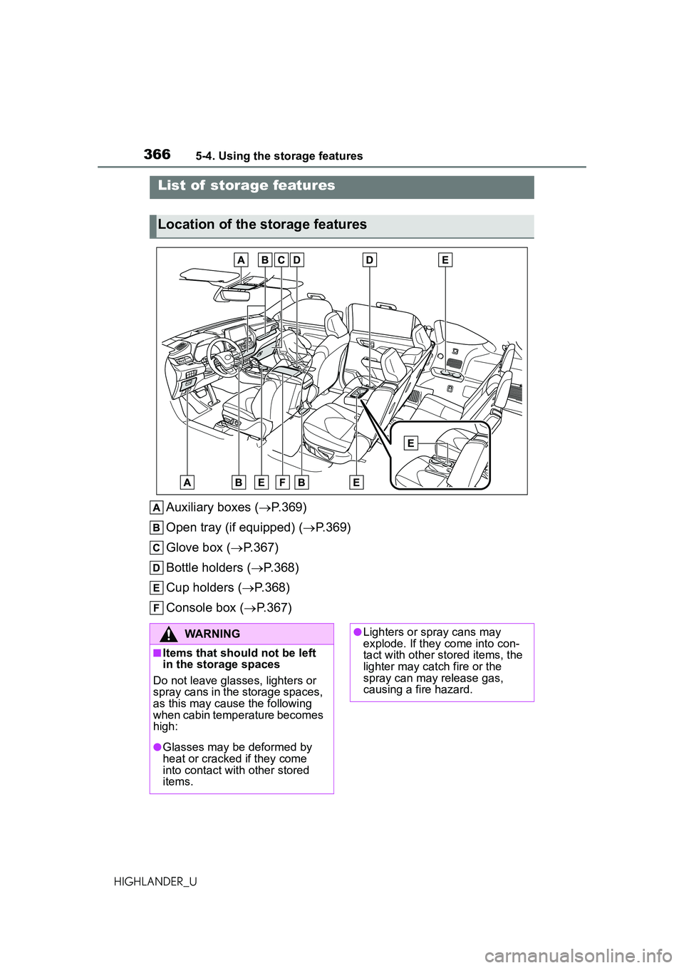 TOYOTA HIGHLANDER 2021  Owners Manual (in English) 3665-4. Using the storage features
HIGHLANDER_U
5-4.Using the storage features
Auxiliary boxes (P.369)
Open tray (if equipped) ( P.369)
Glove box ( P.367)
Bottle holders ( P.368)
Cup holde