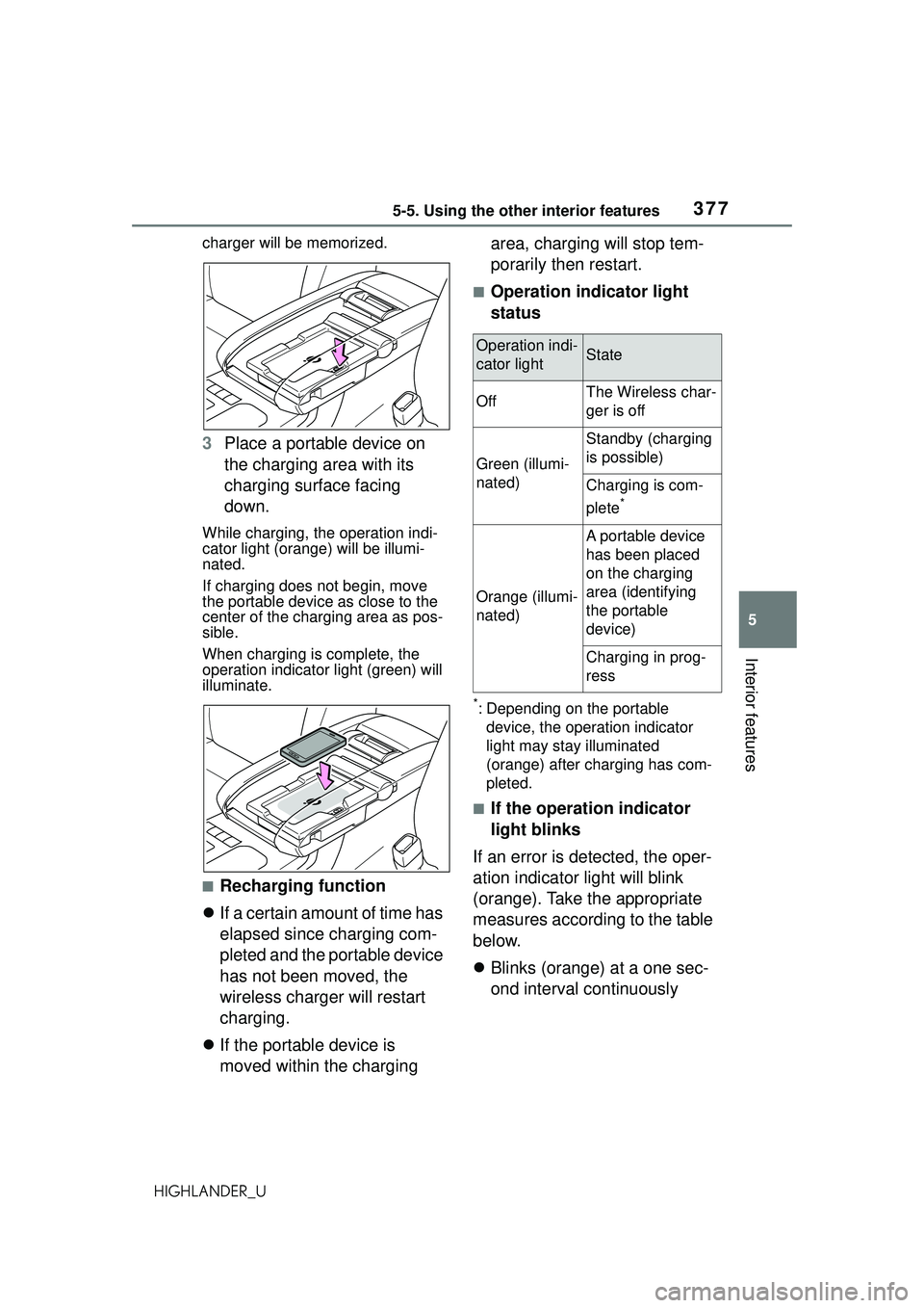 TOYOTA HIGHLANDER 2021 Owners Manual (in English) 3775-5. Using the other interior features
5
Interior features
HIGHLANDER_Ucharger will be memorized.
3
Place a portable device on
the charging area with its
charging surface facing
down.
While char TOYOTA HIGHLANDER 2021 Owners Manual (in English) 3775-5. Using the other interior features
5
Interior features
HIGHLANDER_Ucharger will be memorized.
3
Place a portable device on
the charging area with its
charging surface facing
down.
While char