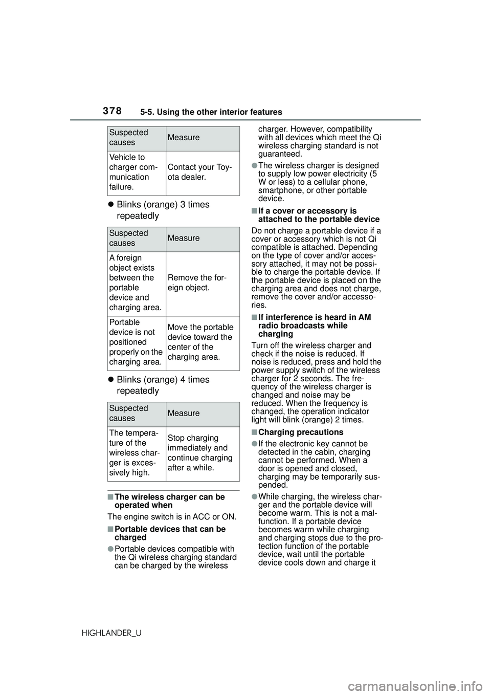 TOYOTA HIGHLANDER 2021 Owners Manual (in English) 3785-5. Using the other interior features
HIGHLANDER_U
Blinks (orange) 3 times
repeatedly
Blinks (orange) 4 times
repeatedly
■The wireless charger can be
operated when
The engine switch is TOYOTA HIGHLANDER 2021 Owners Manual (in English) 3785-5. Using the other interior features
HIGHLANDER_U
Blinks (orange) 3 times
repeatedly
Blinks (orange) 4 times
repeatedly
■The wireless charger can be
operated when
The engine switch is