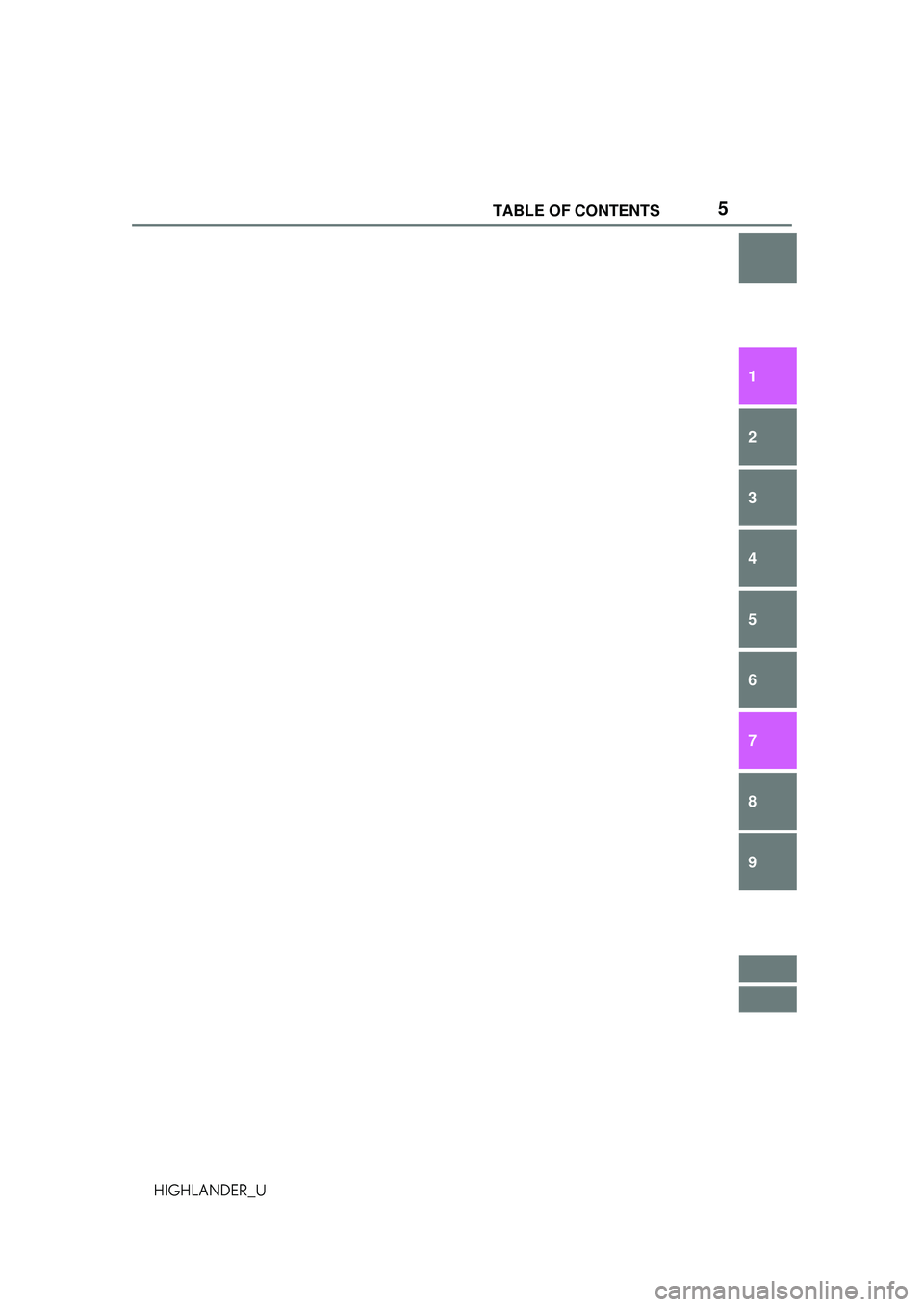 TOYOTA HIGHLANDER 2021  Owners Manual (in English) 5TABLE OF CONTENTS
1
2
3
4
5
6
7
8
9
10
HIGHLANDER_U 