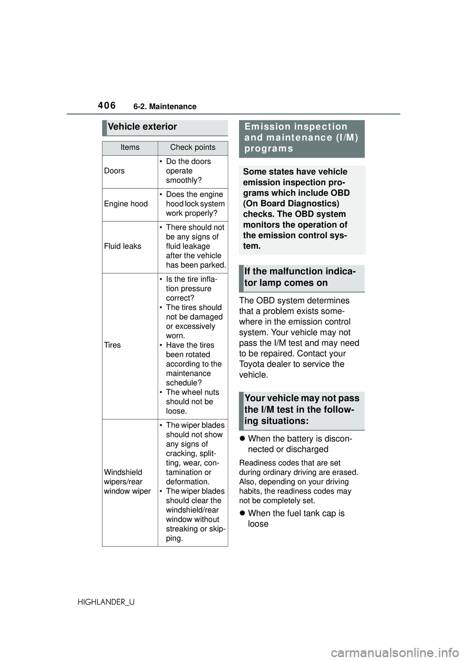 TOYOTA HIGHLANDER 2021 Owners Manual (in English) 4066-2. Maintenance
HIGHLANDER_U
The OBD system determines
that a problem exists some-
where in the emission control
system. Your vehicle may not
pass the I/M test and may need
to be repaired. Con TOYOTA HIGHLANDER 2021 Owners Manual (in English) 4066-2. Maintenance
HIGHLANDER_U
The OBD system determines
that a problem exists some-
where in the emission control
system. Your vehicle may not
pass the I/M test and may need
to be repaired. Con