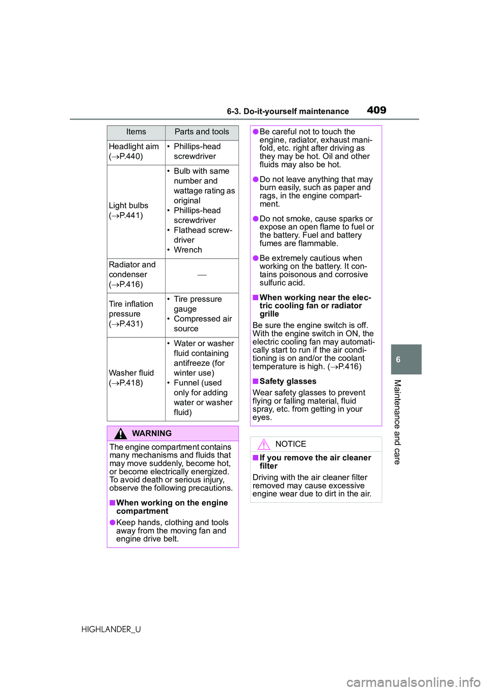 TOYOTA HIGHLANDER 2021 Owners Manual (in English) 4096-3. Do-it-yourself maintenance
6
Maintenance and care
HIGHLANDER_U
Headlight aim
( P.440)• Phillips-head
screwdriver
Light bulbs
( P.441)
• Bulb with same
number and
wattage rating TOYOTA HIGHLANDER 2021 Owners Manual (in English) 4096-3. Do-it-yourself maintenance
6
Maintenance and care
HIGHLANDER_U
Headlight aim
( P.440)• Phillips-head
screwdriver
Light bulbs
( P.441)
• Bulb with same
number and
wattage rating