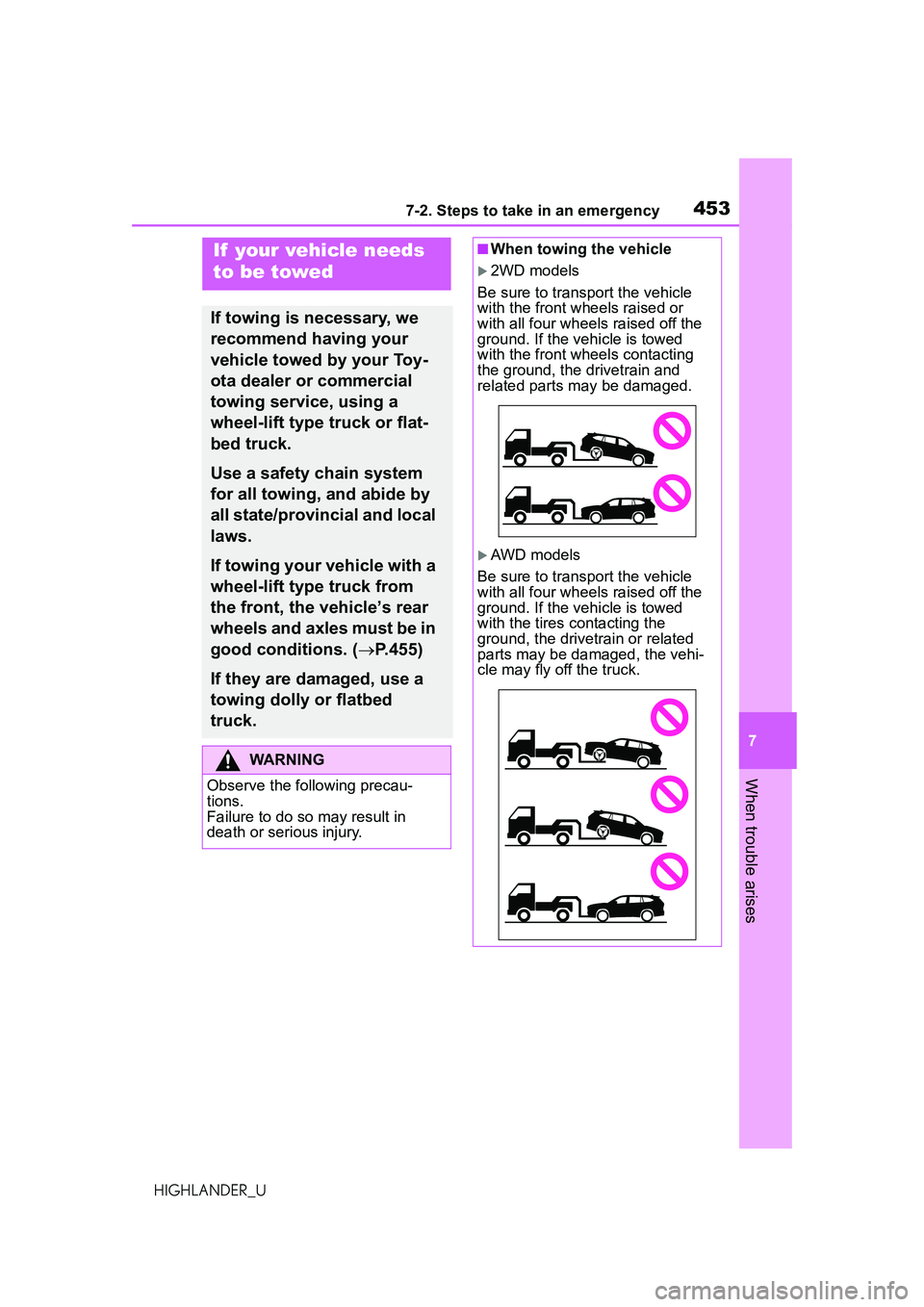 TOYOTA HIGHLANDER 2021 Owners Manual (in English) 4537-2. Steps to take in an emergency
7
When trouble arises
HIGHLANDER_U
7-2.Steps to take in an emergency
If your vehicle needs
to be towed
If towing is necessary, we
recommend having your
vehicl TOYOTA HIGHLANDER 2021 Owners Manual (in English) 4537-2. Steps to take in an emergency
7
When trouble arises
HIGHLANDER_U
7-2.Steps to take in an emergency
If your vehicle needs
to be towed
If towing is necessary, we
recommend having your
vehicl