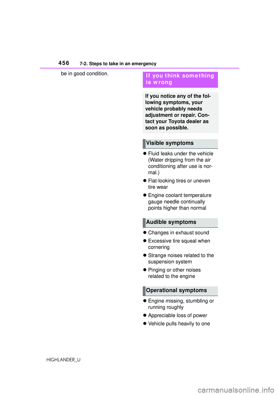 TOYOTA HIGHLANDER 2021 Owners Manual (in English) 4567-2. Steps to take in an emergency
HIGHLANDER_U
be in good condition.Fluid leaks under the vehicle
(Water dripping from the air
conditioning after use is nor-
mal.)
Flat-looking tires or un TOYOTA HIGHLANDER 2021 Owners Manual (in English) 4567-2. Steps to take in an emergency
HIGHLANDER_U
be in good condition.Fluid leaks under the vehicle
(Water dripping from the air
conditioning after use is nor-
mal.)
Flat-looking tires or un