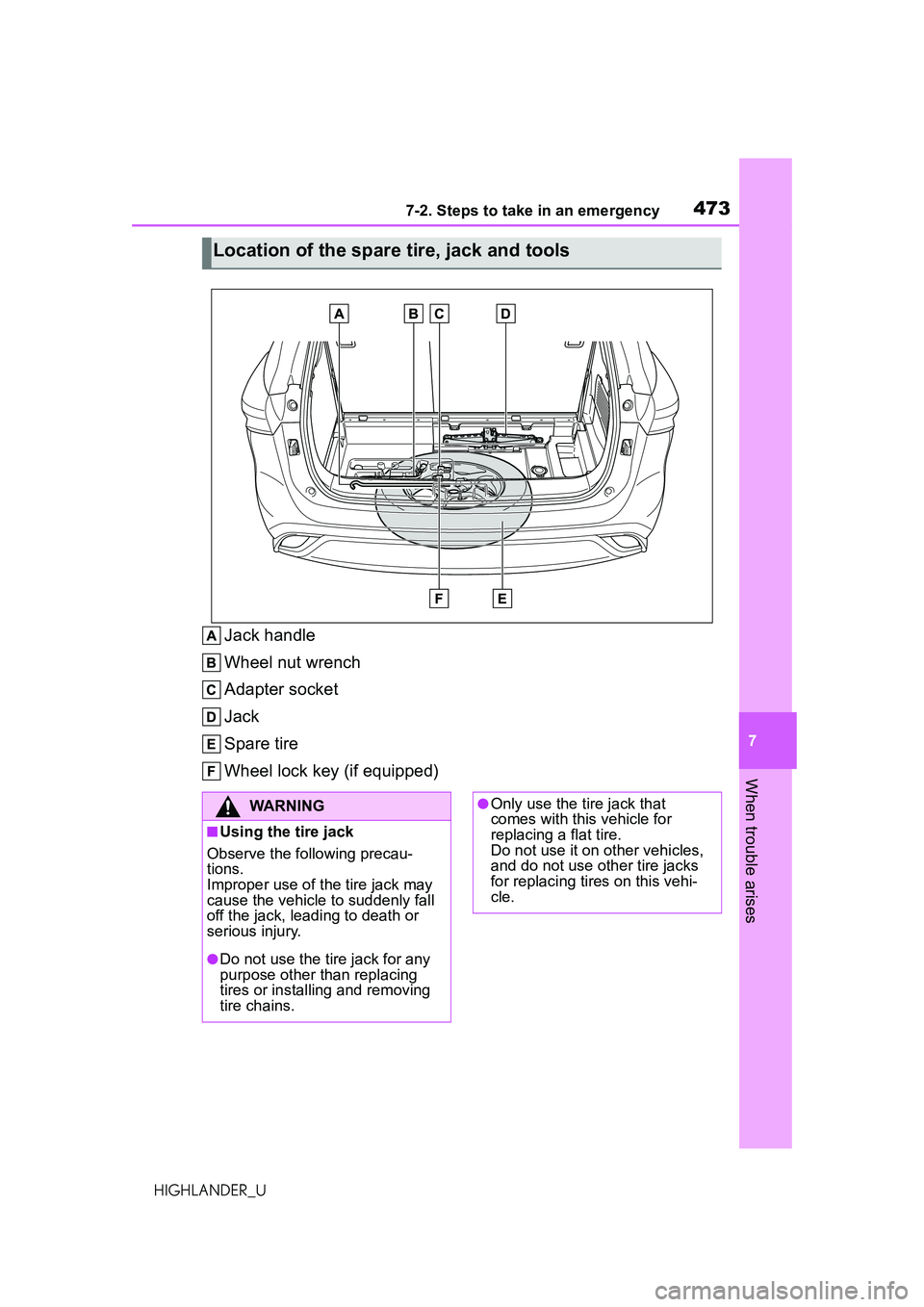 TOYOTA HIGHLANDER 2021 Owners Manual (in English) 4737-2. Steps to take in an emergency
7
When trouble arises
HIGHLANDER_U
Jack handle
Wheel nut wrench
Adapter socket
Jack
Spare tire
Wheel lock key (if equipped)
Location of the spare tire, jack and t TOYOTA HIGHLANDER 2021 Owners Manual (in English) 4737-2. Steps to take in an emergency
7
When trouble arises
HIGHLANDER_U
Jack handle
Wheel nut wrench
Adapter socket
Jack
Spare tire
Wheel lock key (if equipped)
Location of the spare tire, jack and t