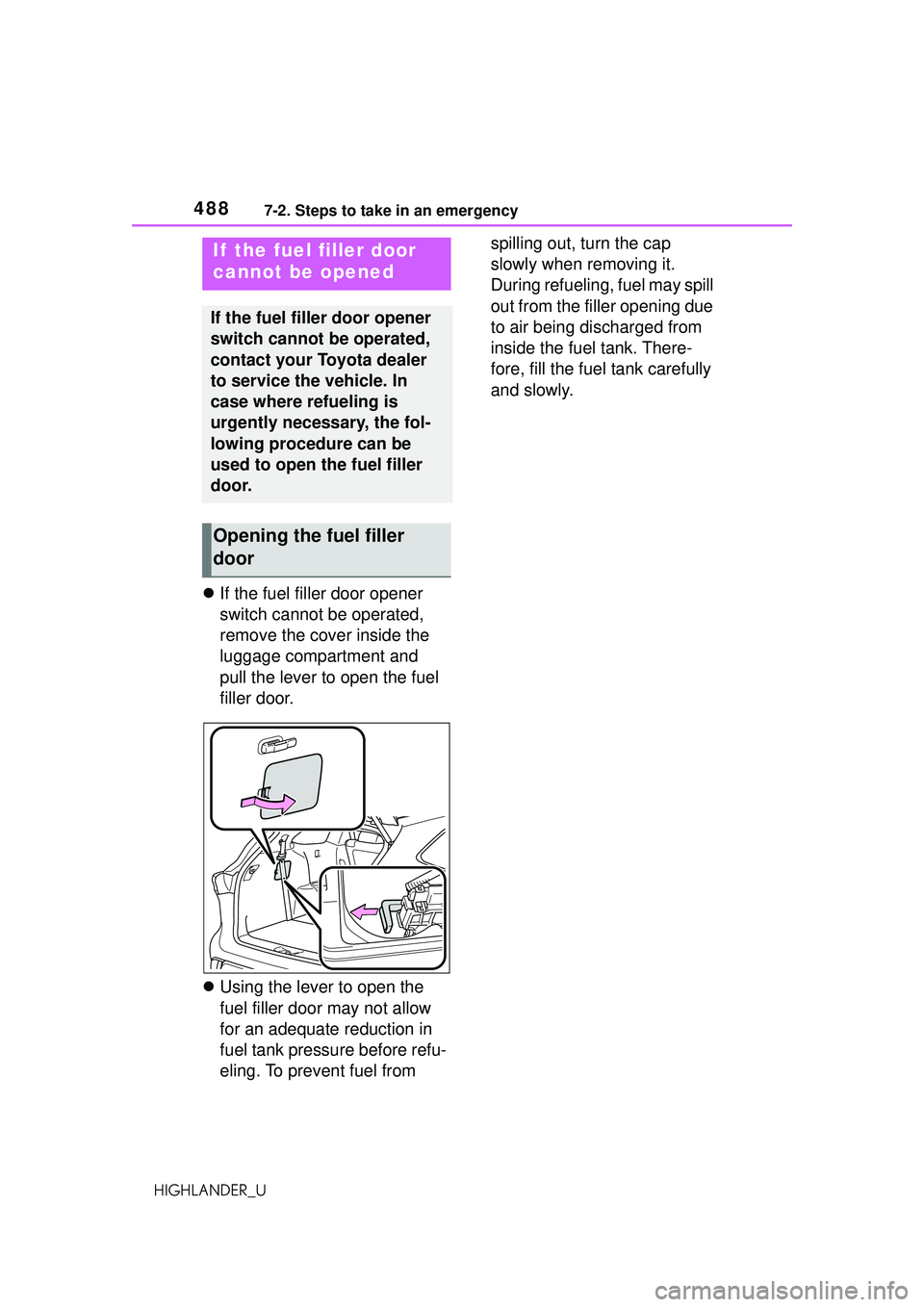 TOYOTA HIGHLANDER 2021 Owners Manual (in English) 4887-2. Steps to take in an emergency
HIGHLANDER_U
If the fuel filler door opener
switch cannot be operated,
remove the cover inside the
luggage compartment and
pull the lever to open the fuel TOYOTA HIGHLANDER 2021 Owners Manual (in English) 4887-2. Steps to take in an emergency
HIGHLANDER_U
If the fuel filler door opener
switch cannot be operated,
remove the cover inside the
luggage compartment and
pull the lever to open the fuel
