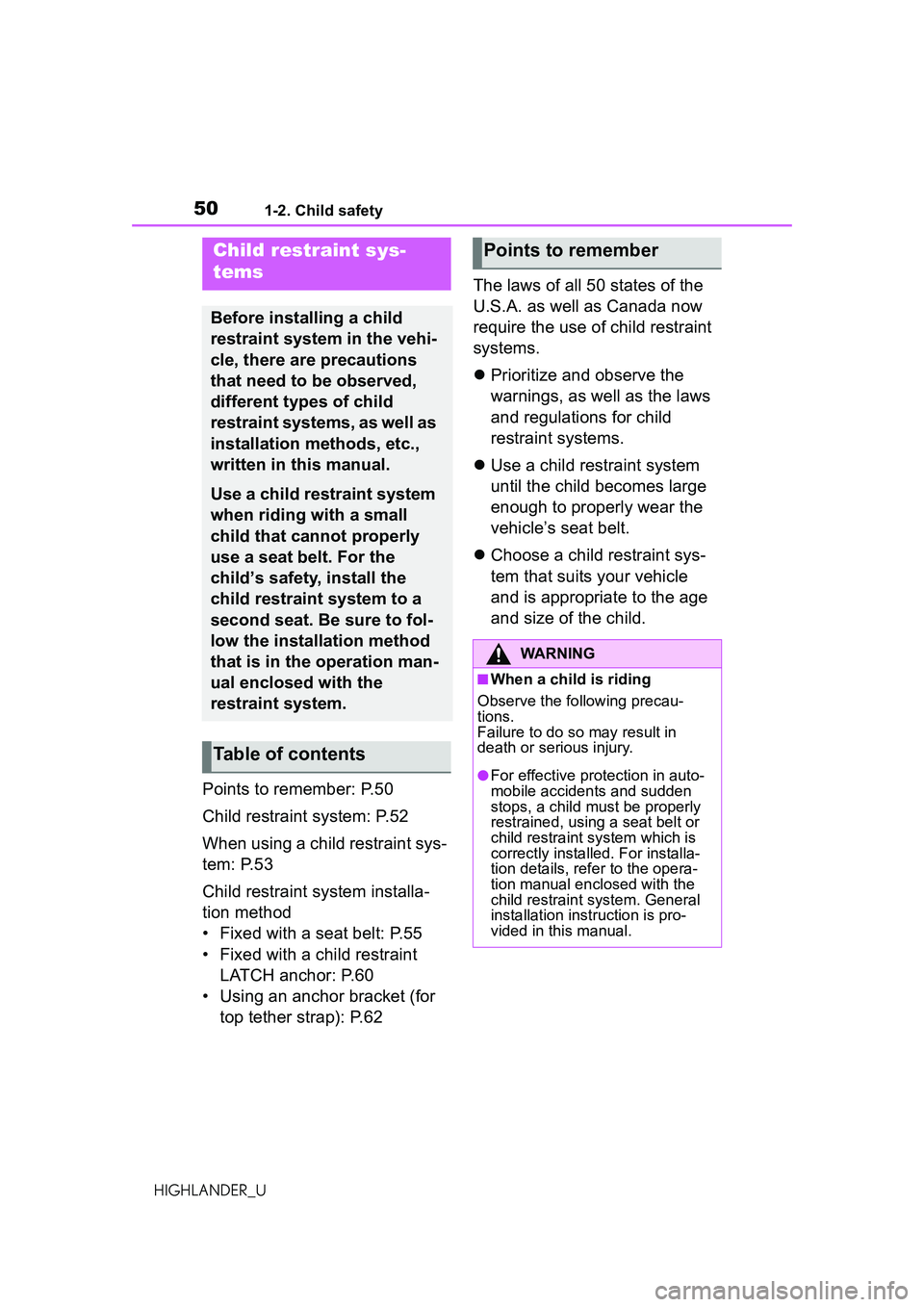 TOYOTA HIGHLANDER 2021 (in English) Service Manual 501-2. Child safety
HIGHLANDER_U
Points to remember: P.50
Child restraint system: P.52
When using a child restraint sys-
tem: P.53
Child restraint system installa-
tion method
• Fixed with a seat be TOYOTA HIGHLANDER 2021 (in English) Service Manual 501-2. Child safety
HIGHLANDER_U
Points to remember: P.50
Child restraint system: P.52
When using a child restraint sys-
tem: P.53
Child restraint system installa-
tion method
• Fixed with a seat be