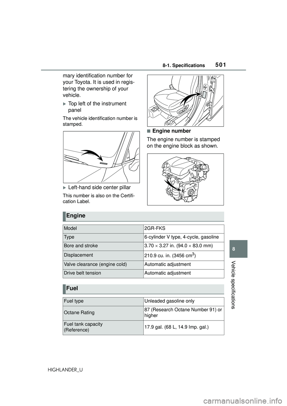 TOYOTA HIGHLANDER 2021 Owners Manual (in English) 5018-1. Specifications
8
Vehicle specifications
HIGHLANDER_U
mary identification number for
your Toyota. It is used in regis-
tering the ownership of your
vehicle.
Top left of the instrument
pan TOYOTA HIGHLANDER 2021 Owners Manual (in English) 5018-1. Specifications
8
Vehicle specifications
HIGHLANDER_U
mary identification number for
your Toyota. It is used in regis-
tering the ownership of your
vehicle.
Top left of the instrument
pan