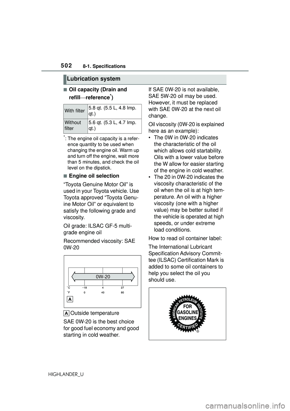 TOYOTA HIGHLANDER 2021 Owners Manual (in English) 5028-1. Specifications
HIGHLANDER_U
■Oil capacity (Drain and
refillreference
*)
*: The engine oil capacity is a refer-
ence quantity to be used when
changing the engine oil. Warm up
and turn o TOYOTA HIGHLANDER 2021 Owners Manual (in English) 5028-1. Specifications
HIGHLANDER_U
■Oil capacity (Drain and
refillreference
*)
*: The engine oil capacity is a refer-
ence quantity to be used when
changing the engine oil. Warm up
and turn o