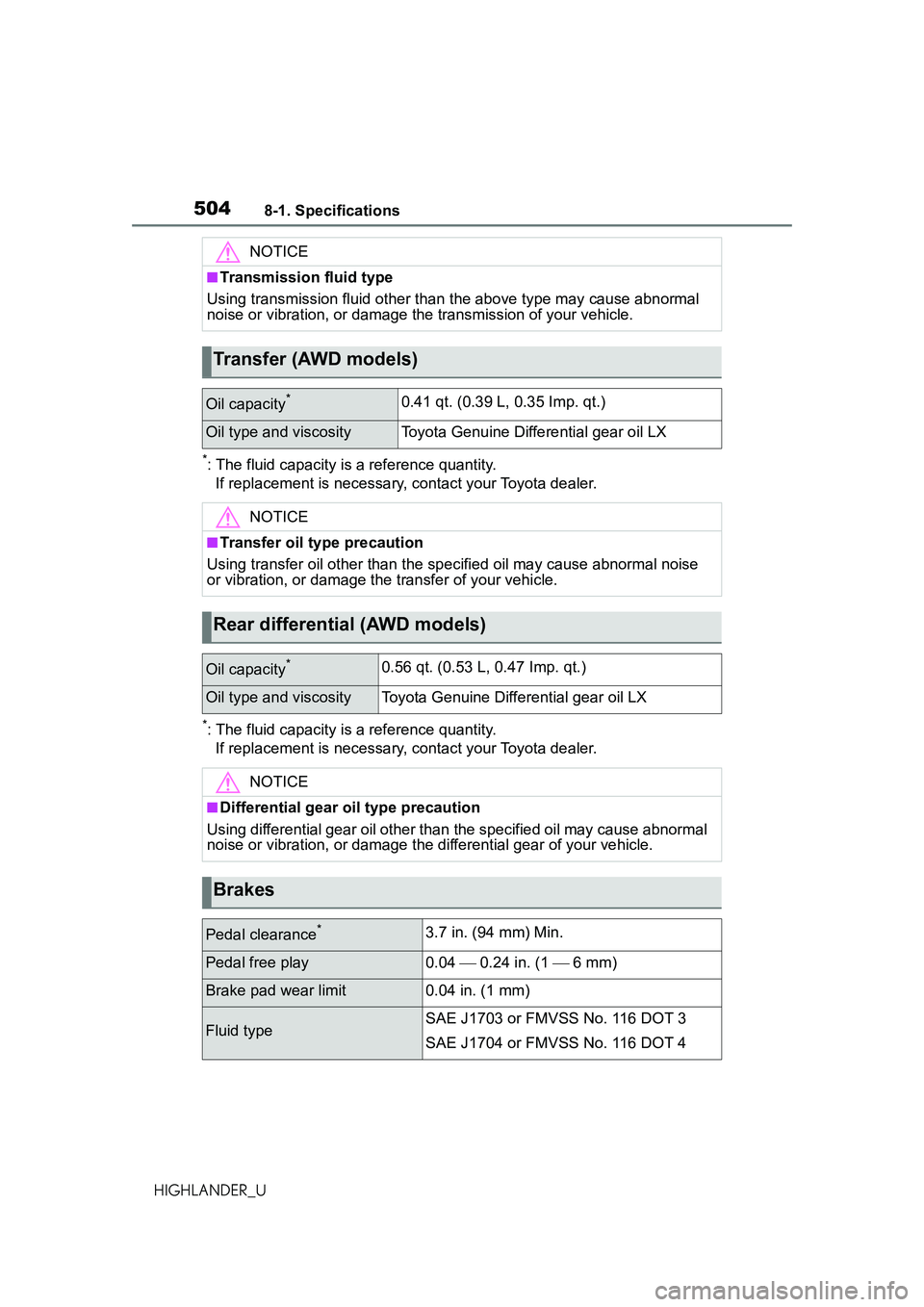 TOYOTA HIGHLANDER 2021 Owners Manual (in English) 5048-1. Specifications
HIGHLANDER_U
*: The fluid capacity is a reference quantity.
If replacement is necessary, contact your Toyota dealer.
*: The fluid capacity is a reference quantity.
If replaceme TOYOTA HIGHLANDER 2021 Owners Manual (in English) 5048-1. Specifications
HIGHLANDER_U
*: The fluid capacity is a reference quantity.
If replacement is necessary, contact your Toyota dealer.
*: The fluid capacity is a reference quantity.
If replaceme
