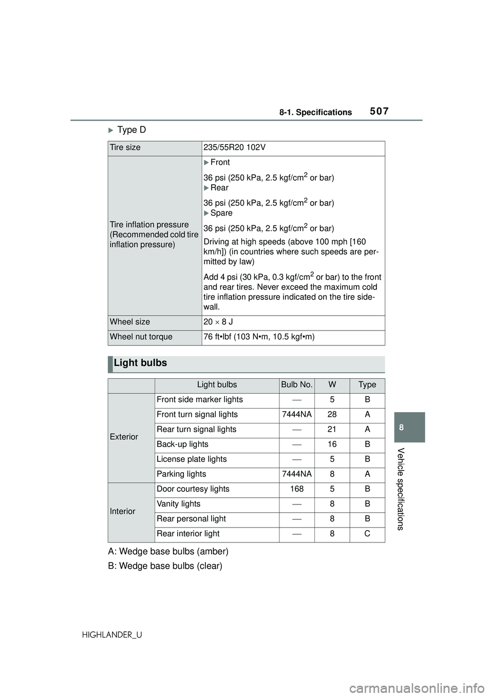 TOYOTA HIGHLANDER 2021 Owners Manual (in English) 5078-1. Specifications
8
Vehicle specifications
HIGHLANDER_U
Ty p e D
A: Wedge base bulbs (amber)
B: Wedge base bulbs (clear)
Tire size235/55R20 102V
Tire inflation pressure
(Recommended cold tire TOYOTA HIGHLANDER 2021 Owners Manual (in English) 5078-1. Specifications
8
Vehicle specifications
HIGHLANDER_U
Ty p e D
A: Wedge base bulbs (amber)
B: Wedge base bulbs (clear)
Tire size235/55R20 102V
Tire inflation pressure
(Recommended cold tire