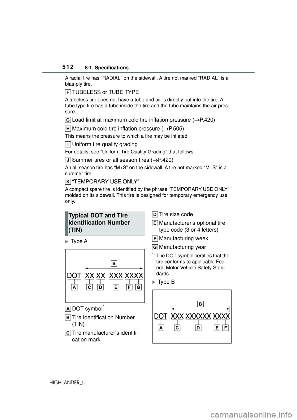 TOYOTA HIGHLANDER 2021 Owners Manual (in English) 5128-1. Specifications
HIGHLANDER_UA radial tire has “RADIAL” on the sidewall. A tire not marked “RADIAL” is a
bias-ply tire.
TUBELESS or TUBE TYPE
A tubeless tire does not have a tube and ai TOYOTA HIGHLANDER 2021 Owners Manual (in English) 5128-1. Specifications
HIGHLANDER_UA radial tire has “RADIAL” on the sidewall. A tire not marked “RADIAL” is a
bias-ply tire.
TUBELESS or TUBE TYPE
A tubeless tire does not have a tube and ai