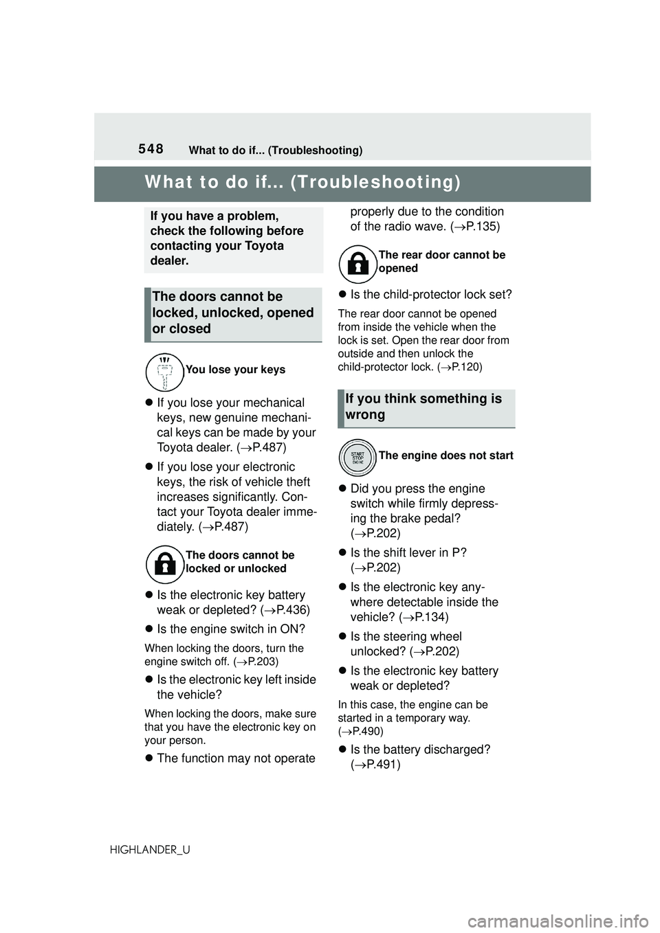 TOYOTA HIGHLANDER 2021 Owners Manual (in English) 548What to do if... (Troubleshooting)
HIGHLANDER_U
1-1.What to do if... (Troubleshooting)What to do if... (Troubleshooting)
If you lose your mechanical
keys, new genuine mechani-
cal keys can be m TOYOTA HIGHLANDER 2021 Owners Manual (in English) 548What to do if... (Troubleshooting)
HIGHLANDER_U
1-1.What to do if... (Troubleshooting)What to do if... (Troubleshooting)
If you lose your mechanical
keys, new genuine mechani-
cal keys can be m