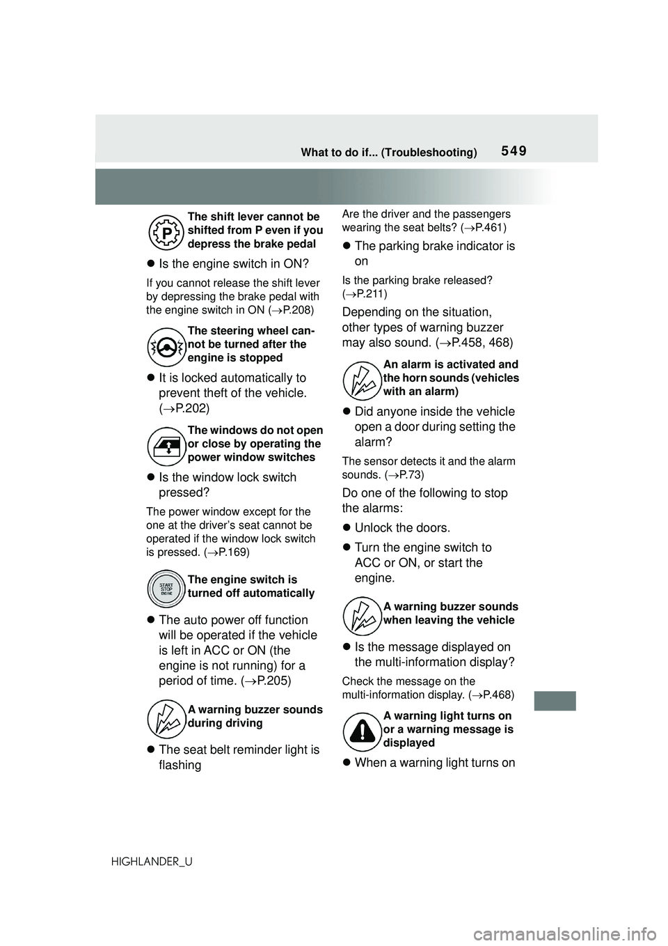 TOYOTA HIGHLANDER 2021 Owners Manual (in English) 549What to do if... (Troubleshooting)
HIGHLANDER_U
Is the engine switch in ON?
If you cannot release the shift lever
by depressing the brake pedal with
the engine switch in ON ( P.208)
It TOYOTA HIGHLANDER 2021 Owners Manual (in English) 549What to do if... (Troubleshooting)
HIGHLANDER_U
Is the engine switch in ON?
If you cannot release the shift lever
by depressing the brake pedal with
the engine switch in ON ( P.208)
It