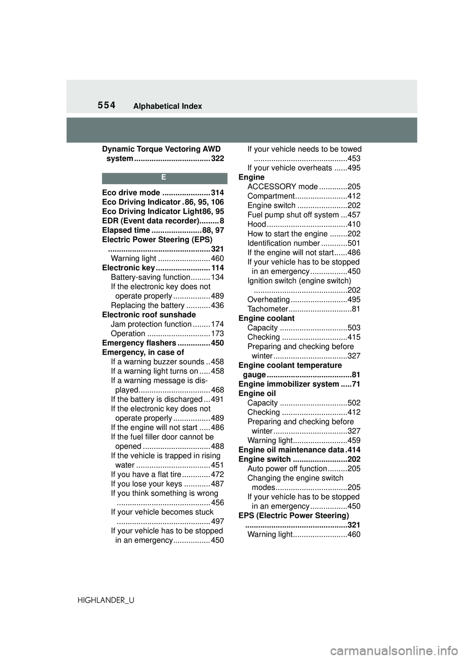 TOYOTA HIGHLANDER 2021 Owners Manual (in English) 554Alphabetical Index
HIGHLANDER_UDynamic Torque Vectoring AWD
system ................................... 322
E
Eco drive mode ...................... 314
Eco Driving Indicator . 86, 95, 106
Eco Drivi TOYOTA HIGHLANDER 2021 Owners Manual (in English) 554Alphabetical Index
HIGHLANDER_UDynamic Torque Vectoring AWD
system ................................... 322
E
Eco drive mode ...................... 314
Eco Driving Indicator . 86, 95, 106
Eco Drivi