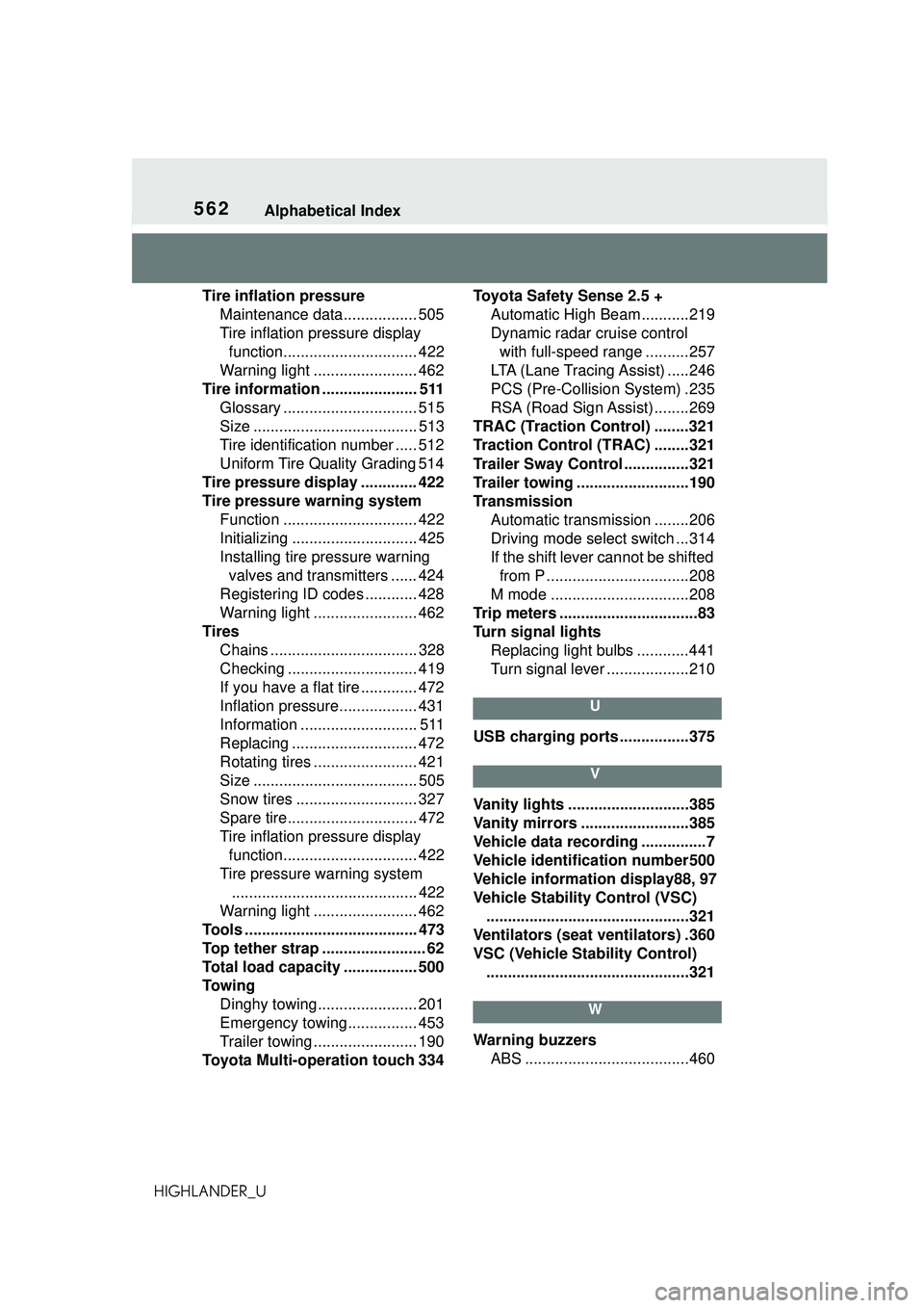 TOYOTA HIGHLANDER 2021  Owners Manual (in English) 562Alphabetical Index
HIGHLANDER_UTire inflation pressure
Maintenance data................. 505
Tire inflation pr essure display 
function............................... 422
Warning light ............