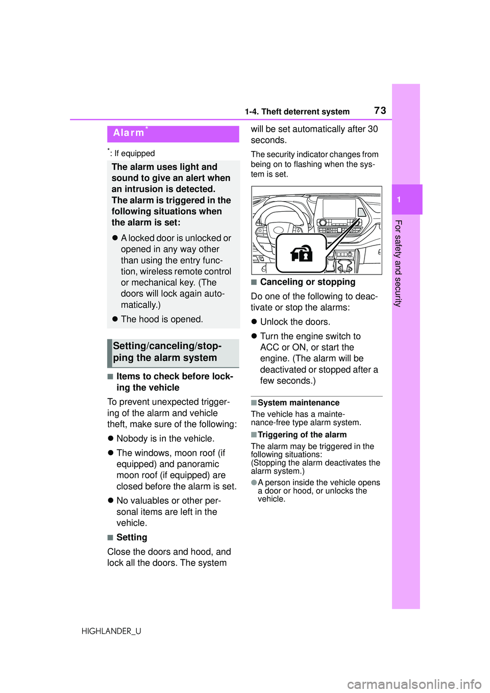 TOYOTA HIGHLANDER 2021 (in English) Manual PDF 731-4. Theft deterrent system
1
For safety and security
HIGHLANDER_U
*: If equipped
■Items to check before lock-
ing the vehicle
To prevent unexpected trigger-
ing of the alarm and vehicle
theft, m TOYOTA HIGHLANDER 2021 (in English) Manual PDF 731-4. Theft deterrent system
1
For safety and security
HIGHLANDER_U
*: If equipped
■Items to check before lock-
ing the vehicle
To prevent unexpected trigger-
ing of the alarm and vehicle
theft, m
