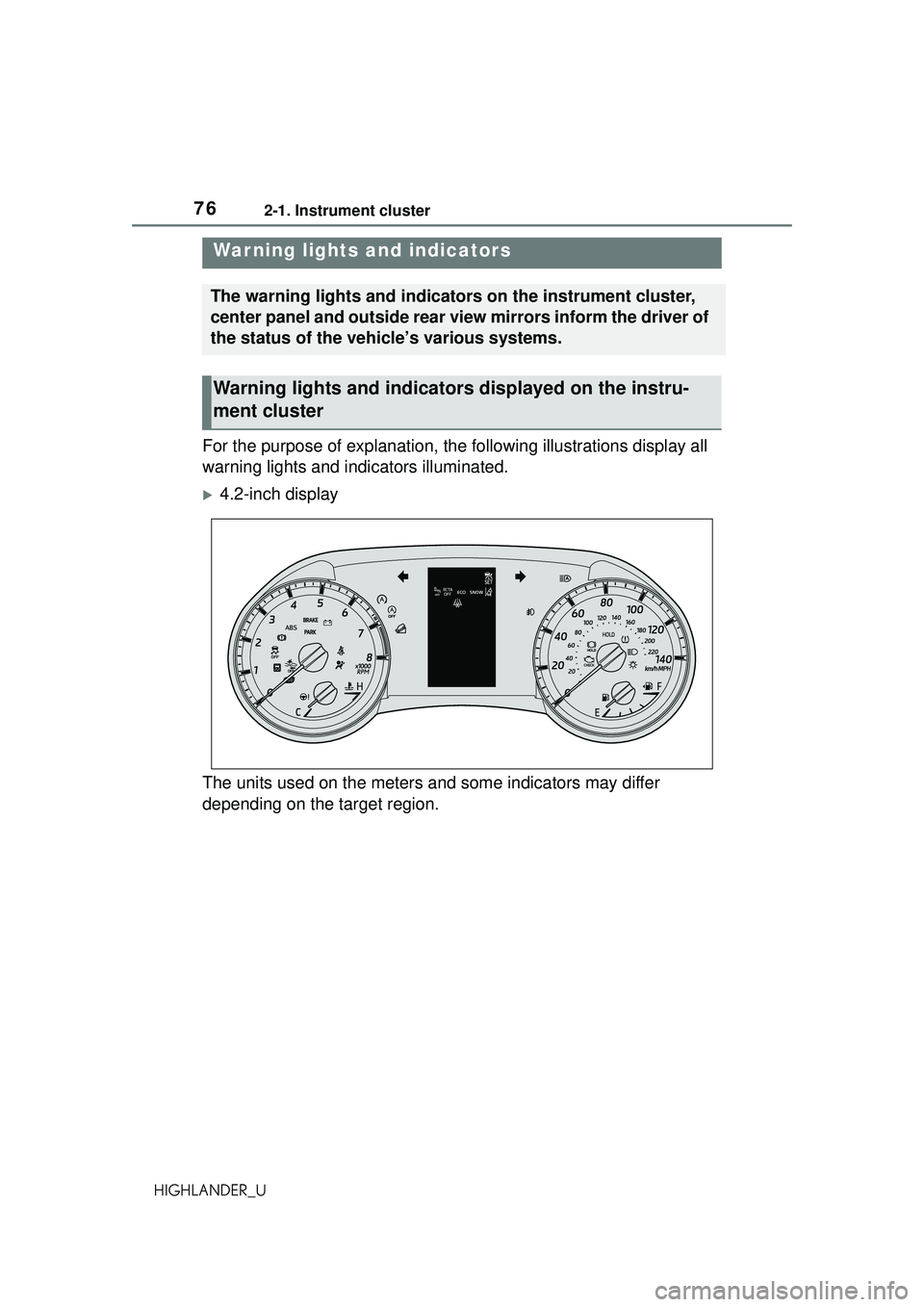 TOYOTA HIGHLANDER 2021 (in English) Manual PDF 762-1. Instrument cluster
HIGHLANDER_U
2-1.Instrument cluster
For the purpose of explanation, the following illustrations display all
warning lights and indicators illuminated.
4.2-inch display
Th TOYOTA HIGHLANDER 2021 (in English) Manual PDF 762-1. Instrument cluster
HIGHLANDER_U
2-1.Instrument cluster
For the purpose of explanation, the following illustrations display all
warning lights and indicators illuminated.
4.2-inch display
Th