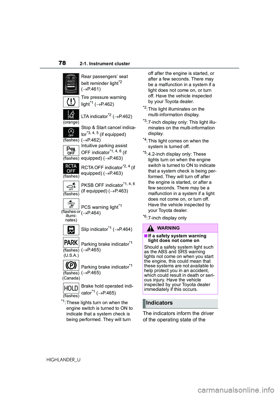 TOYOTA HIGHLANDER 2021 (in English) Manual PDF 782-1. Instrument cluster
HIGHLANDER_U
*1: These lights turn on when the engine switch is turned to ON to
indicate that a system check is
being performed. They will turn off after the engine is sta TOYOTA HIGHLANDER 2021 (in English) Manual PDF 782-1. Instrument cluster
HIGHLANDER_U
*1: These lights turn on when the engine switch is turned to ON to
indicate that a system check is
being performed. They will turn off after the engine is sta