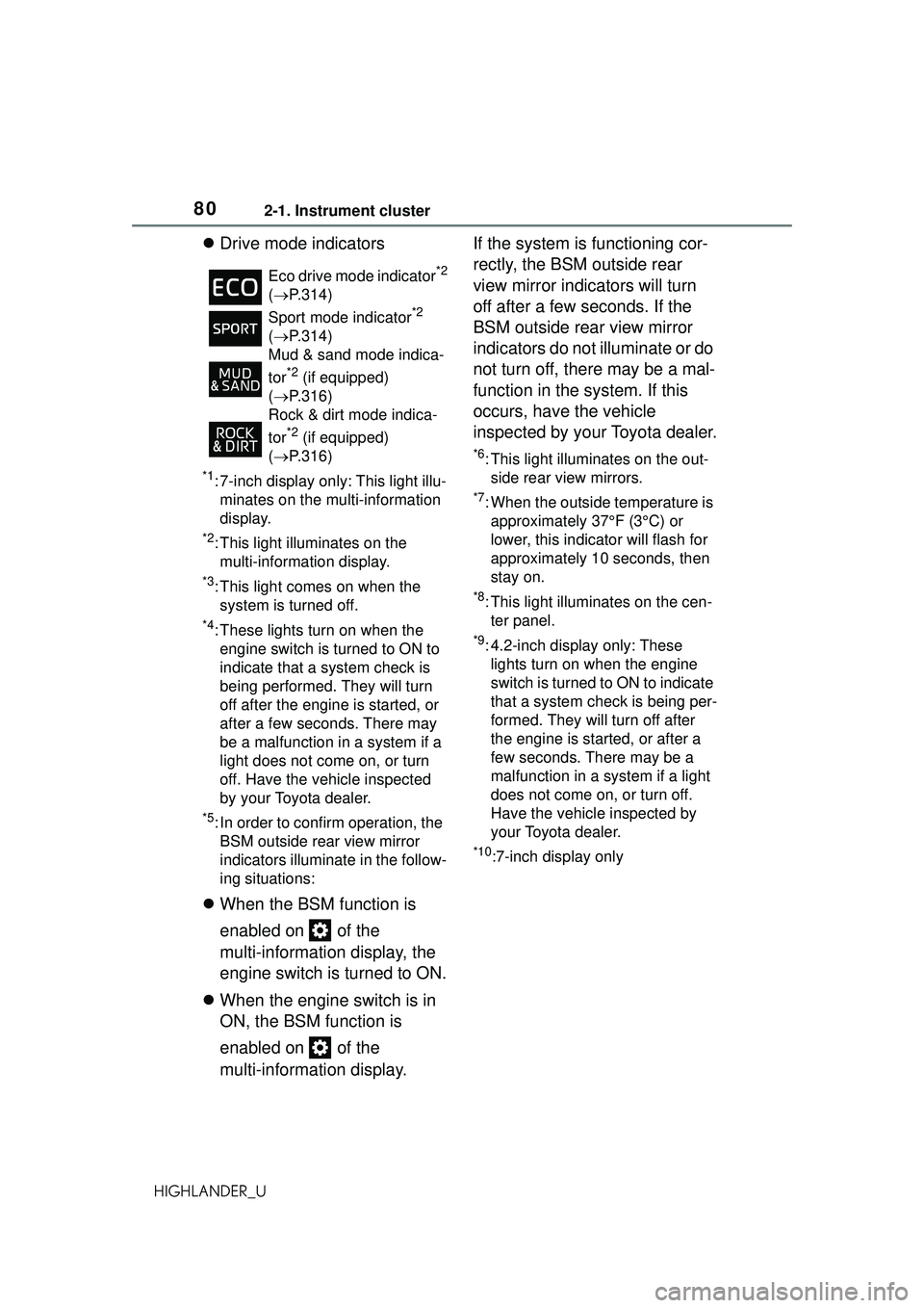 TOYOTA HIGHLANDER 2021 (in English) Manual PDF 802-1. Instrument cluster
HIGHLANDER_U
Drive mode indicators
*1: 7-inch display only: This light illu-
minates on the multi-information
display.
*2: This light illuminates on the multi-information TOYOTA HIGHLANDER 2021 (in English) Manual PDF 802-1. Instrument cluster
HIGHLANDER_U
Drive mode indicators
*1: 7-inch display only: This light illu-
minates on the multi-information
display.
*2: This light illuminates on the multi-information