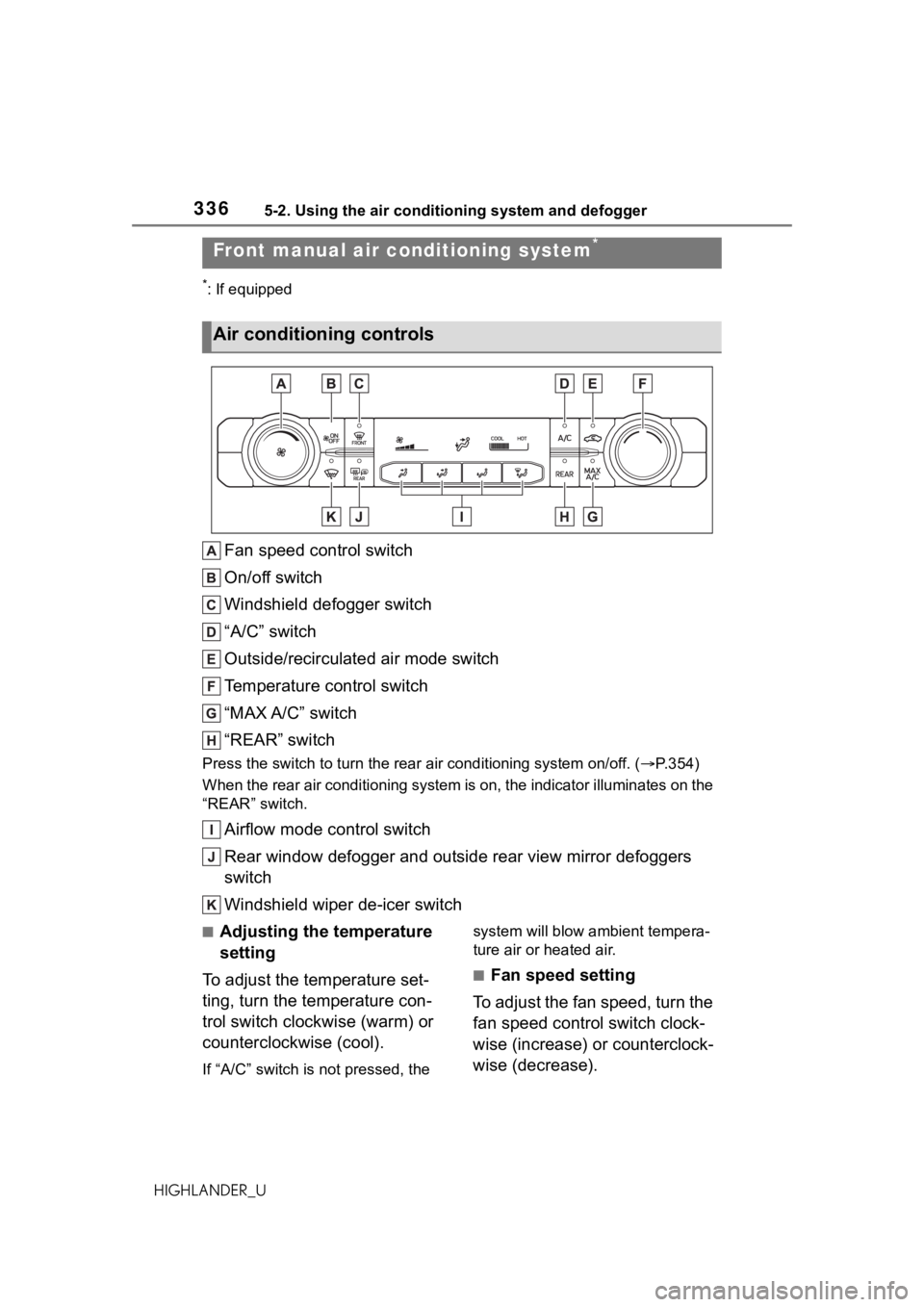 TOYOTA HIGHLANDER 2021  Owners Manual (in English) 3365-2. Using the air conditioning system and defogger
HIGHLANDER_U
5-2.Using the air conditioning system and defogger
*: If equipped
Fan speed control switch
On/off switch
Windshield defogger switch

