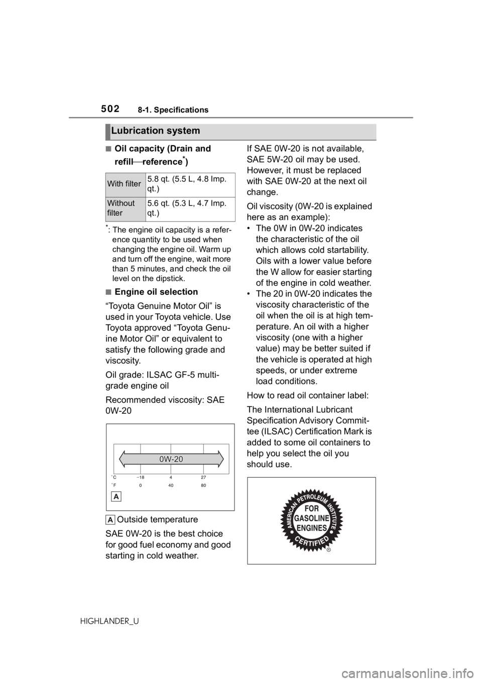 TOYOTA HIGHLANDER 2021 Owners Manual (in English) 5028-1. Specifications
HIGHLANDER_U
■Oil capacity (Drain and
refillreference
*)
*: The engine oil capacity is a refer-
ence quantity to be used when
changing the engine oil. Warm up
and turn o TOYOTA HIGHLANDER 2021 Owners Manual (in English) 5028-1. Specifications
HIGHLANDER_U
■Oil capacity (Drain and
refillreference
*)
*: The engine oil capacity is a refer-
ence quantity to be used when
changing the engine oil. Warm up
and turn o